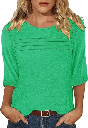 KISSMODA Women's Casual 3/4 Sleeve T-Shirts Round Neck Cute Tunic Tops Basic/Pleated Summer Tops Trendy Spring Blouses