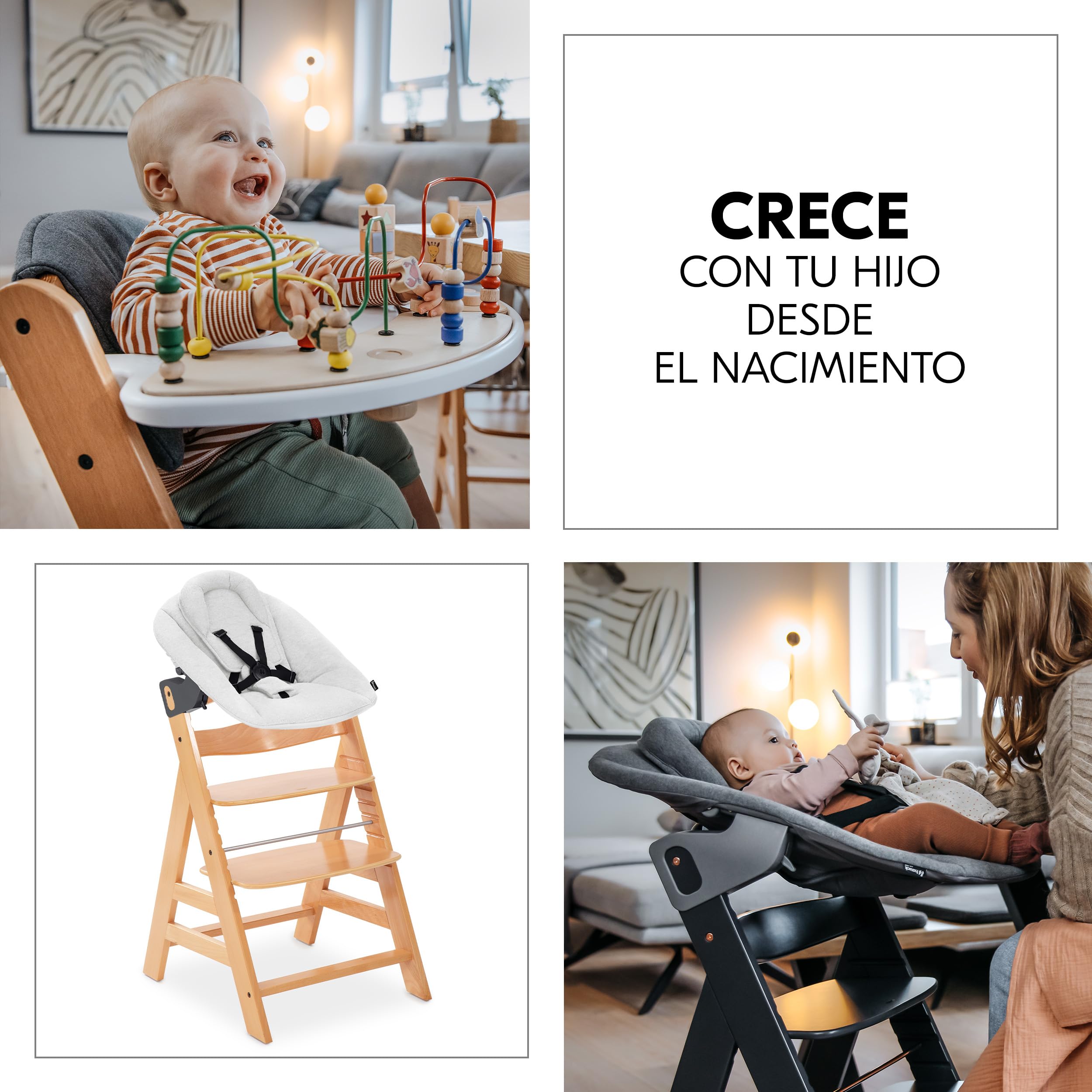 hauck Alpha Plus Set Trona Bebé con Bouncer Premium - Natural | Trona evolutiva de madera hasta 90 kg | hamaca reclinable recién nacidos, cojín algodón y arnés 5 puntos