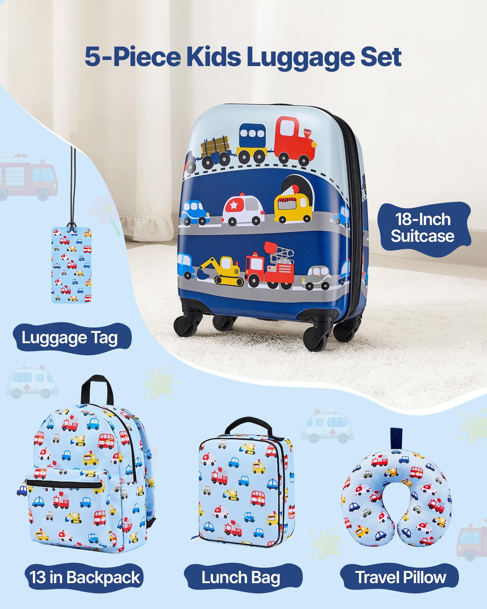 VEVOR Set di Valigie per Bambini 5 Pezzi con Ruote da 45,7 cm, Zaino e Cuscino a U, Set di Valigie da Viaggio da Vacanza, Regalo di Compleanno per Bambini, Approvato dalle Compagnie Aeree