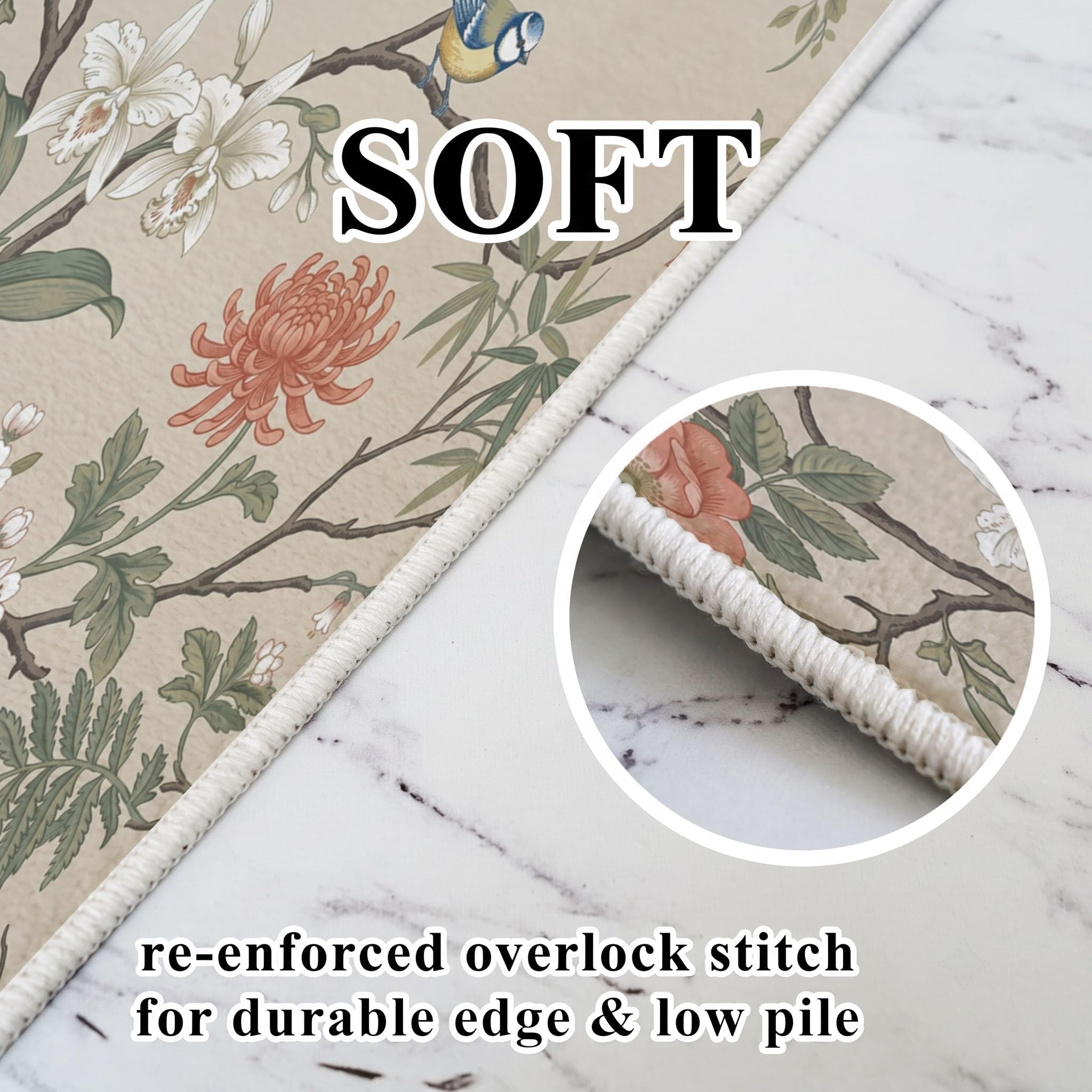 Tappeto Rotondo Salotto Stile Britannico Retrò 180 cm | Fiori Rami Uccelli, Camera da Letto Antiscivolo Lavabile, Tappeti Sala Cameretta Ufficio, Carpet Pelo Corto Morbido