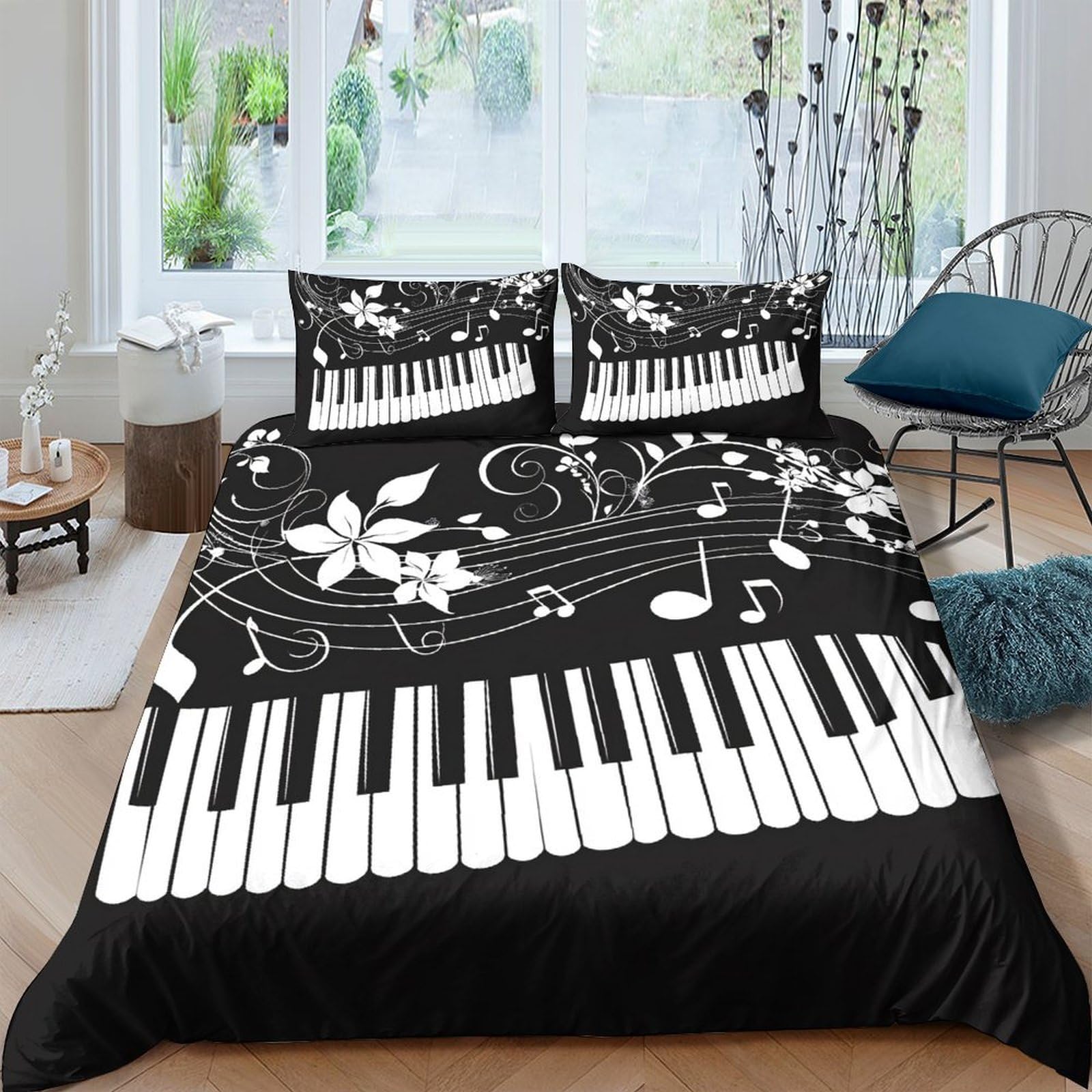 Ctjqhvkz Style-7 3D Printed Piano Keyboard Fitted Sheet Microfiber Black White Floral Music Note Mattress Cover For Bedroom Dorm Decor Single（135X200cm）