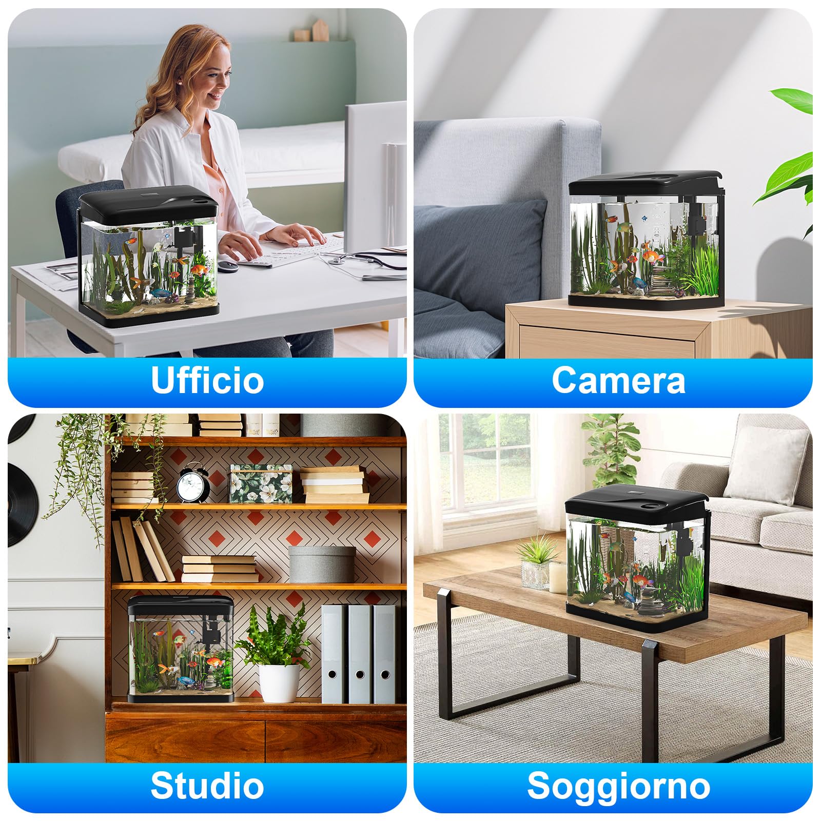 Acquario in Vetro Acquario Completo Acquarios Per Pesci Rossi,con Illuminazione a LED e Sistema di Filtraggio,15 Litri,Nero,Set Per Principianti