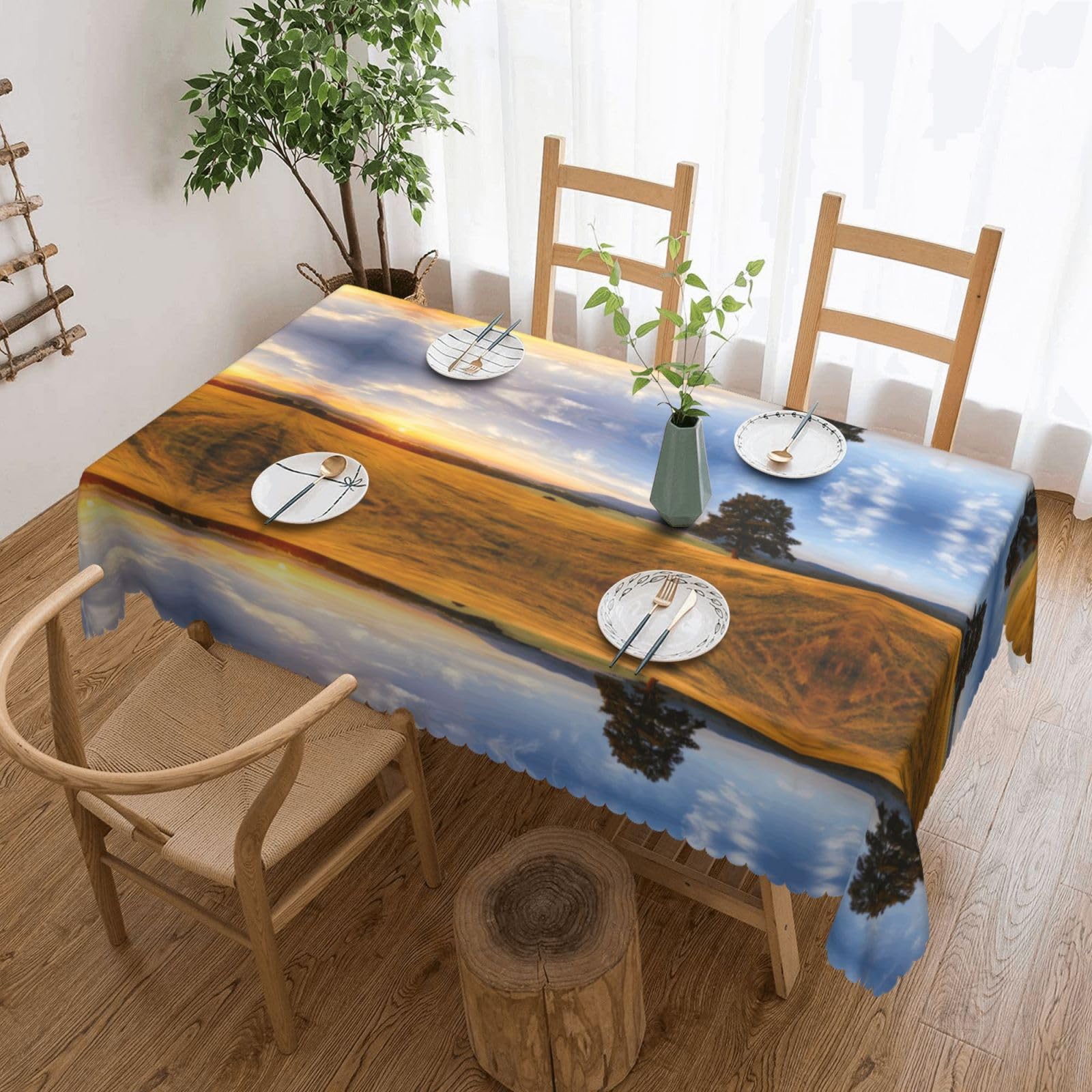 HLSBSSL Autumn Golden Grass Landscape Patterned square lace tablecloth, wrinkle-resistant and durable, suitable for dining tables, parties, etc.