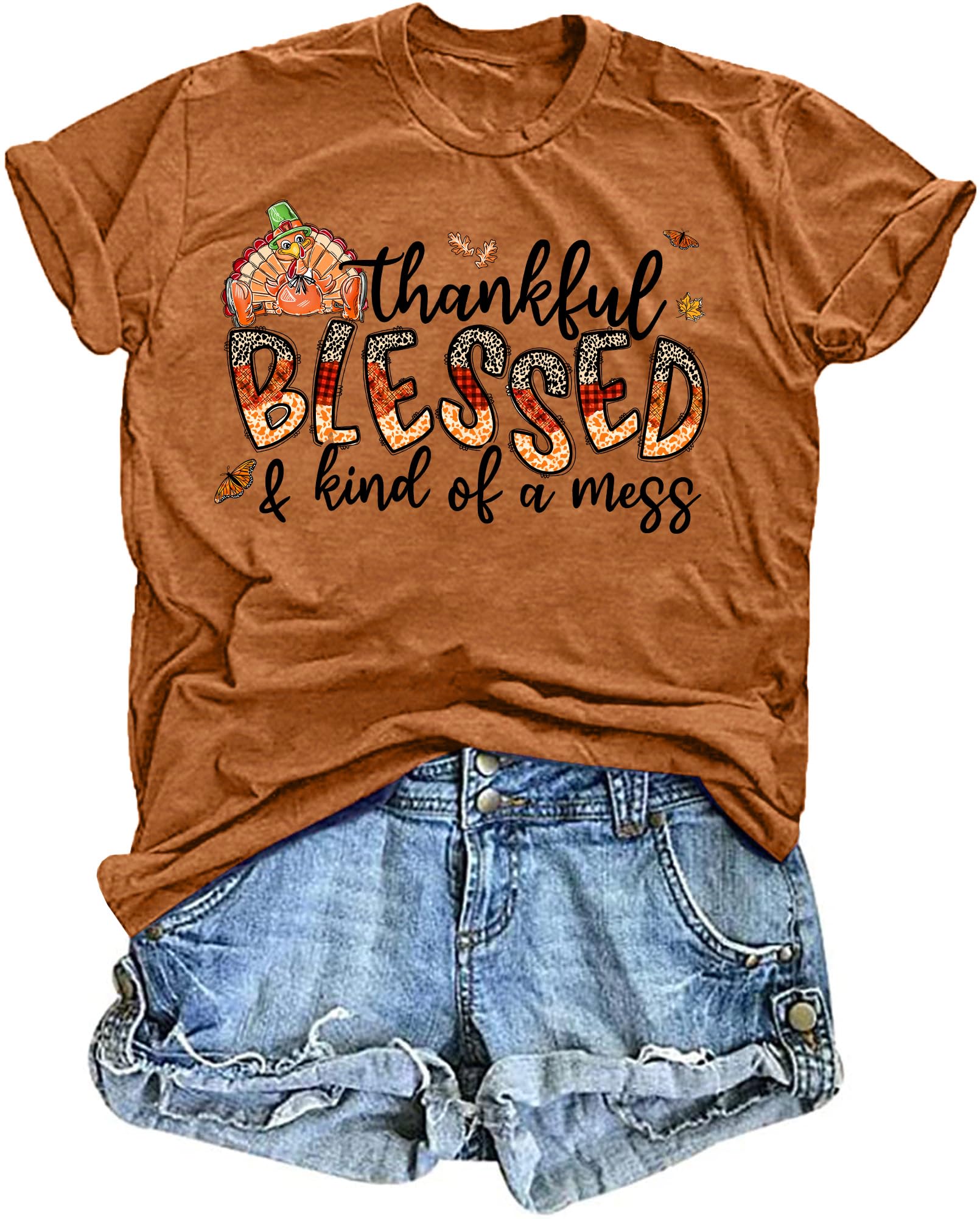 Thanksgiving Shirts for Women Thankful Blessed and Kind of A Mess T Shirt Thankful T-Shirt Casual Autumn Tops