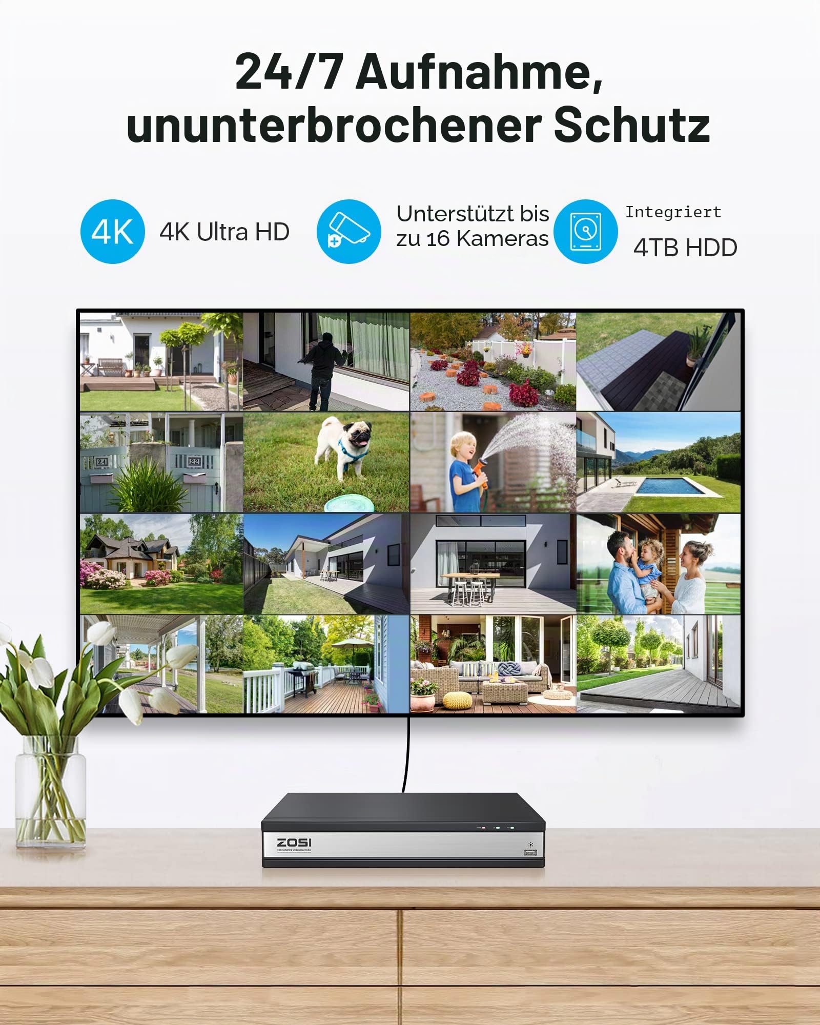 ZOSI 16CH 4K PoE NVR mit 4TB Festplatte, Videoüberwachung Rekorder für IP PoE Kamera 2MP/3MP/4MP/5MP/8MP 4K, Funktioniert Nur mit ZOSI PoE Kameras
