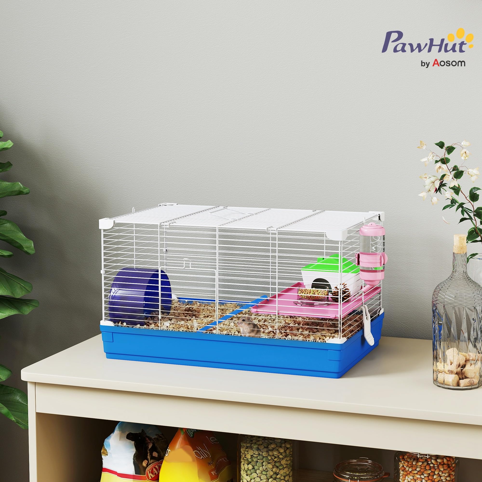 PawHut Jaula para Hámster, Casa para Roedores Pequeños con Rueda de Ejercicio, Cuenco, Bebedero, Casita, Rampas, Plataforma, Bandeja Extraíble, para Jerbos, 47x30x27 cm, Azul