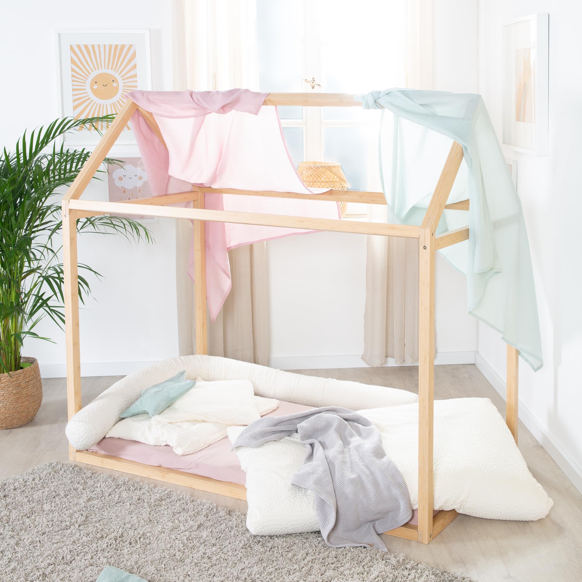 roba Hausbett Montessori 70 x 140 cm - Kinderbett aus FSC zertifiziertem Massivholz - Bambus natur