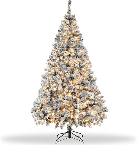 Árbol de Navidad preiluminado de 7.5 pies con luces, árbol de Navidad artificial flocado de nieve con 335 luces LED blancas cálidas, 1063 puntas de