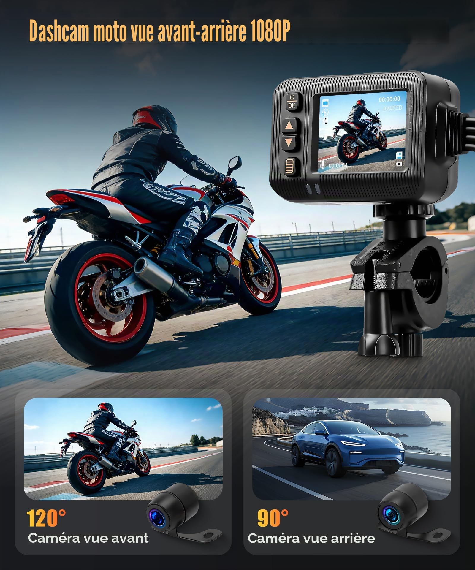 VECHTEL Caméra de tableau de bord de moto avant et arrière 1080p, écran HD 2", double caméra pour moto, étanche, enregistrement en boucle, capteur G intégré, télécommande et carte SD de 32 Go