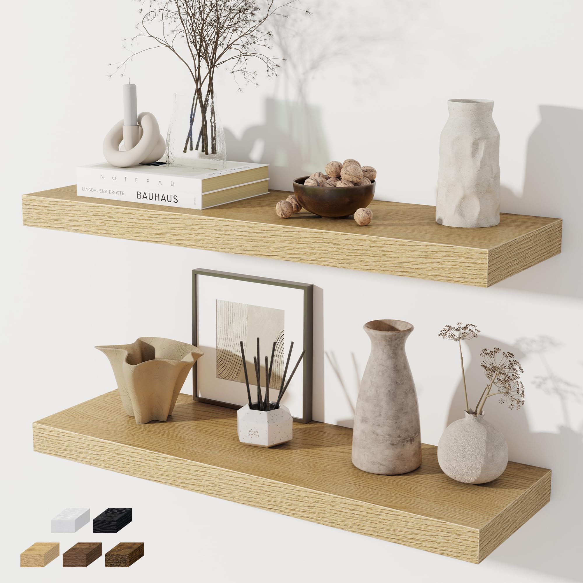 Floating Shelves for Wall, 28 Inch Floating Shelves Set of 2, Wall Mounted Rustic Wood Shelf for Bathroom, Living Room, Bedroom and Kitchen, Hanging Shelf for Storage, Books, Home Decor, Oak