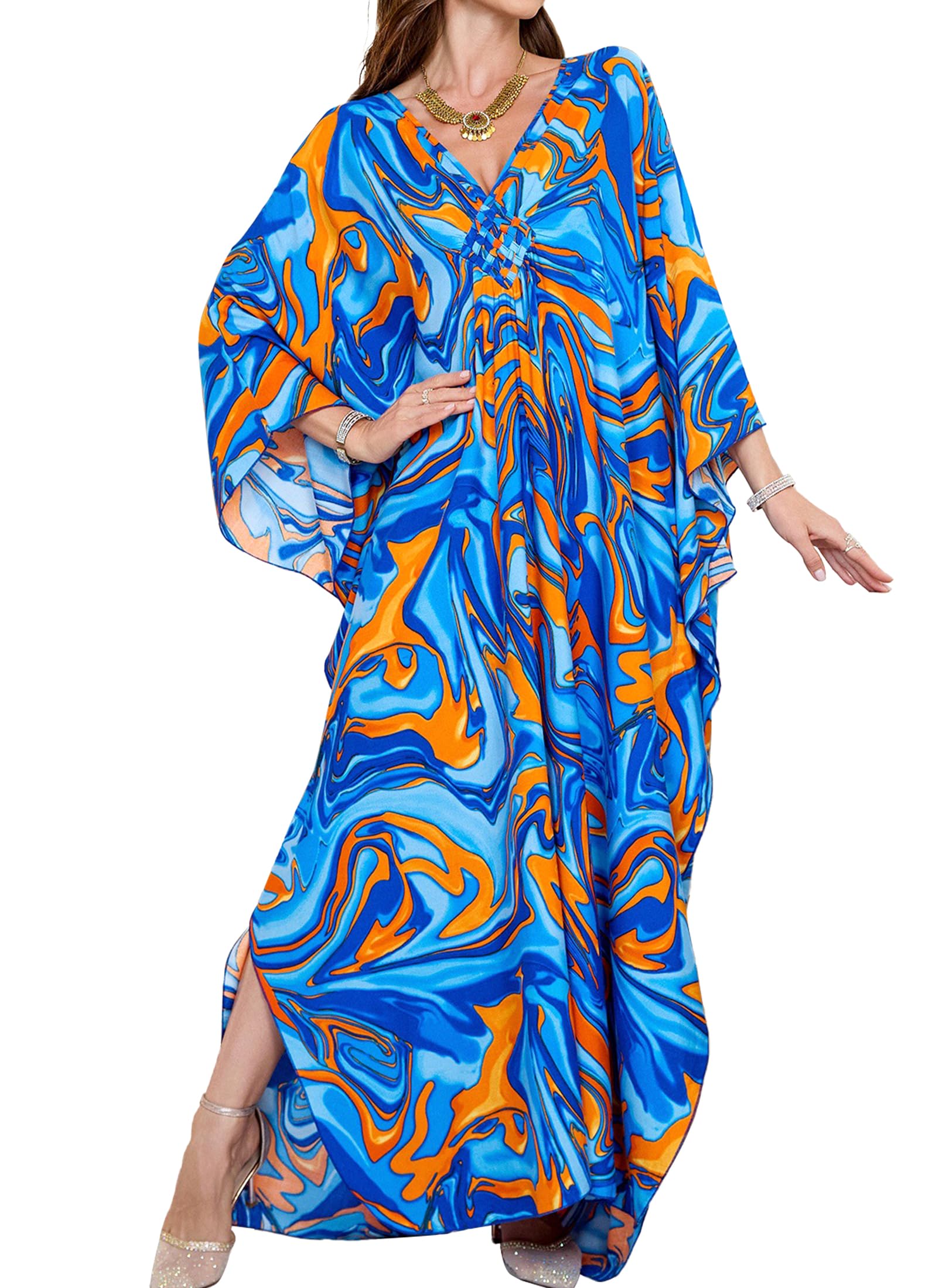 Yanziliu Women Kaftan Dresses Plus Size V-Neck Batwing Sleeves Beach Cover Up Summer Floral Print Caftan Dress