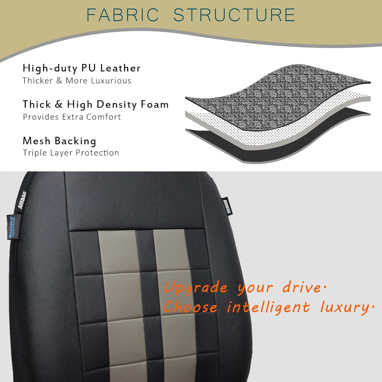 Champlus Car Seat Covers, Premium Leather Ultra Comfort and Thick 2 Front Seat Covers Racing Design, Universal Fit Automotive Sedan Cars, SUVs, Trucks, Mini Vans, Airbag Compatible, Easy to Install