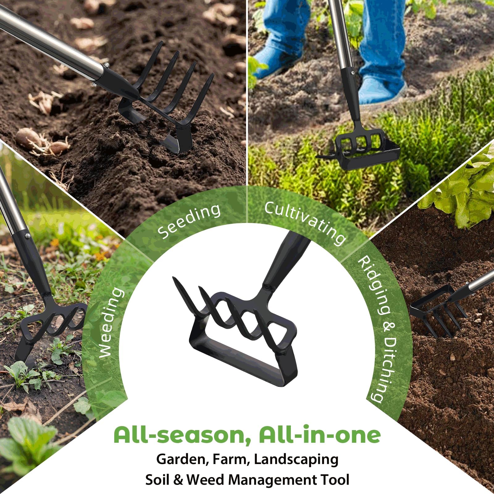 Zappa da giardino per diserbatura, strumento per zappa con supporto per giardino con anello regolabile, manico lungo 157 cm, argento, regolabile, per diserbo