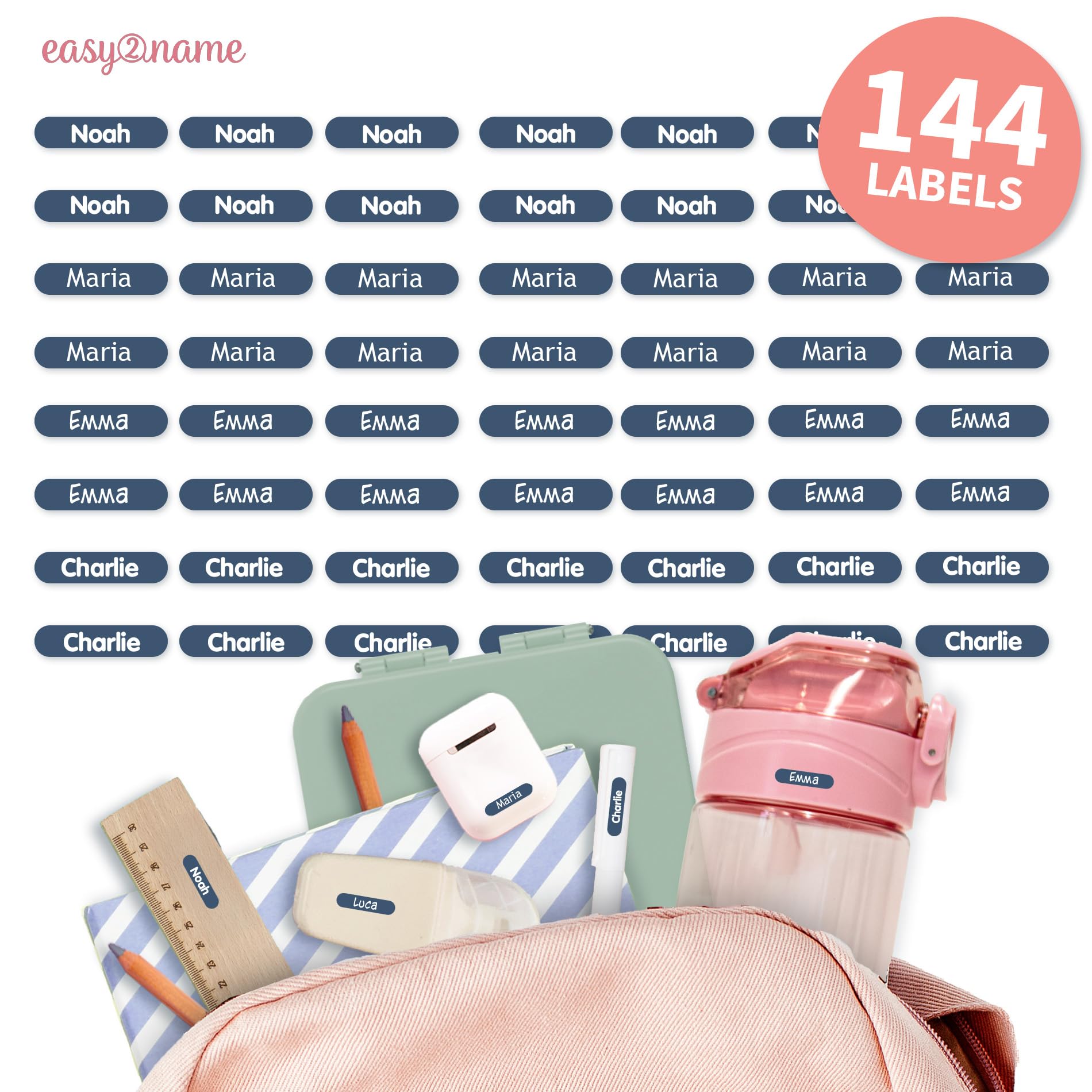 Easy2Name - Personalised mini XS Name Labels - Waterproof Name Stickers for Children and Adults - Ideal as Name Stickers in The Office, Workshop or School - 20x4mm - Coloured (Navy Blue, 144)