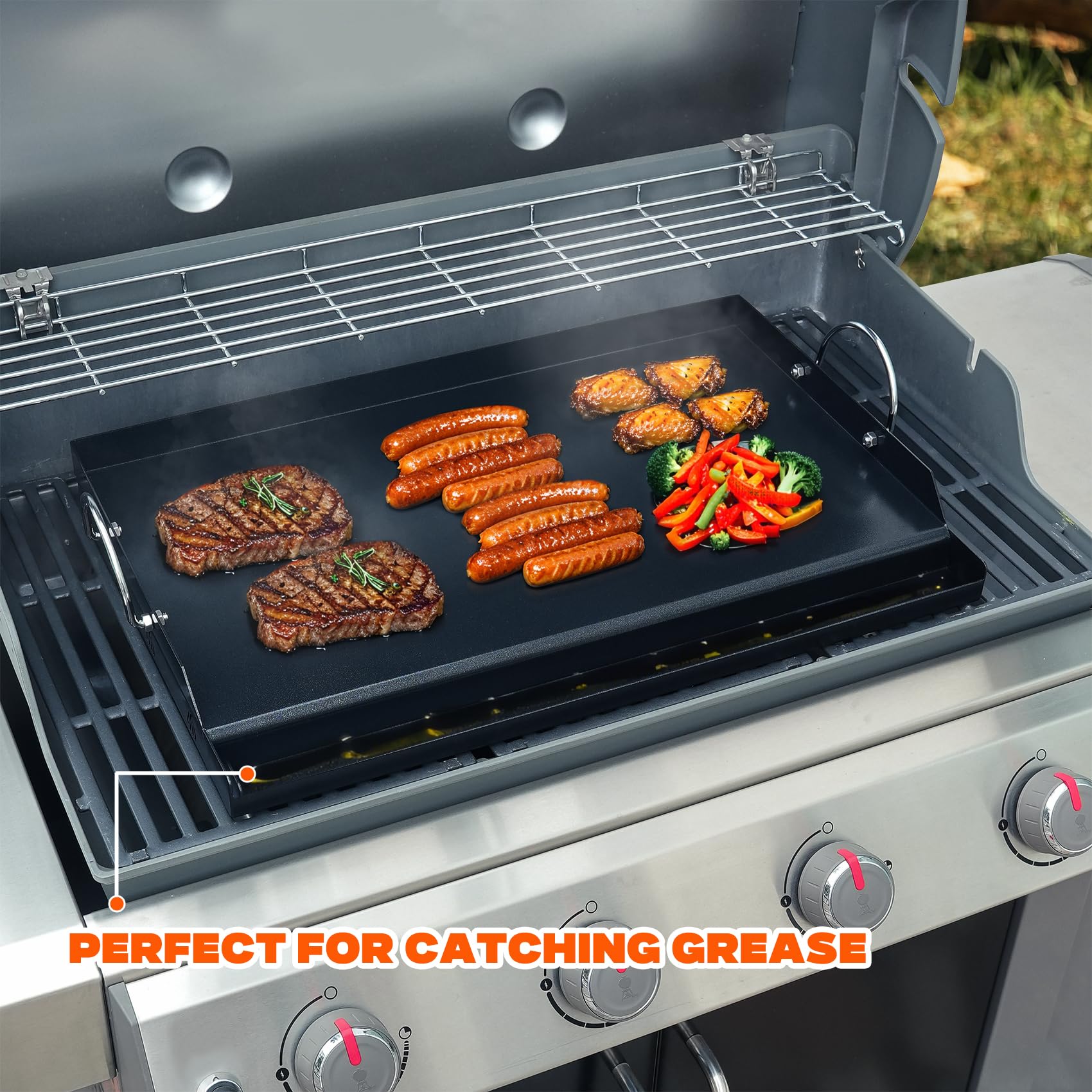 Onlyfire Piastra per Barbecue Universale in Rivestimento Antiaderente in Ceramica per BBQ a Gas e Carbone, Piastra per Griglia Grande per Cucinare e Campeggiare All'aperto, 63.7 x 40.5 x 7 CM