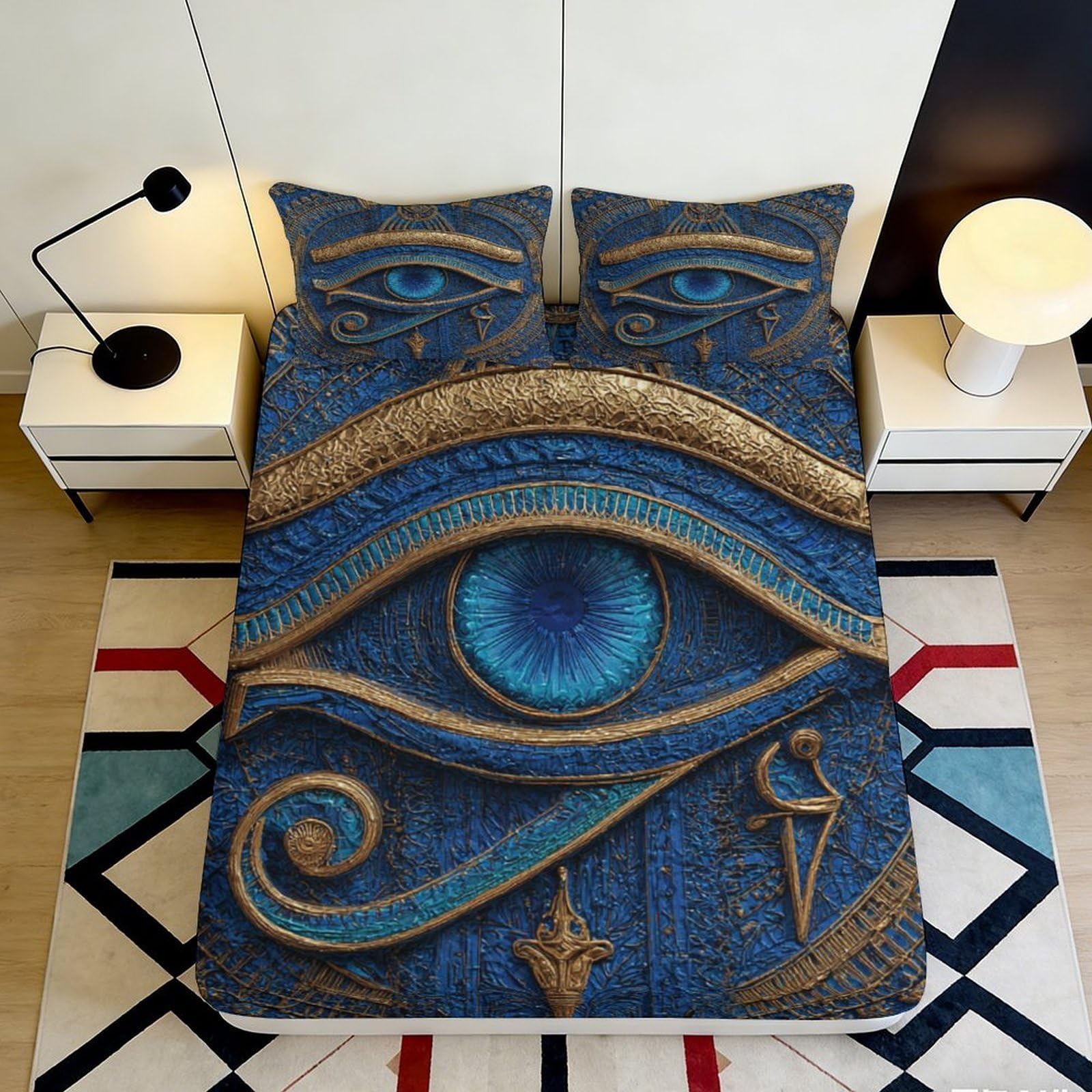 3D Printed Egyptian Style Fitted Sheet Microfiber Deep Pocket Non-Slip Egyptian Pattern Mattress Fitted Cover Washable Bedding 200x200x25cm