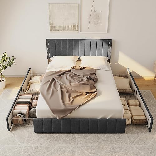 Miniatura 27 de Gizoon Base de cama tamaño Queen tapizada con 4 cajones de almacenamiento, cabecero ajustable, sin ruido, soporte de listones de madera, se adapta a
