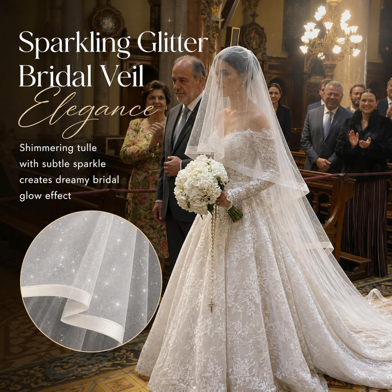 Cuffbow Ivory Double Tier Horsehair Bridal Veil Tulle Wedding Veil with Horsehair Edge for Wedding Photos