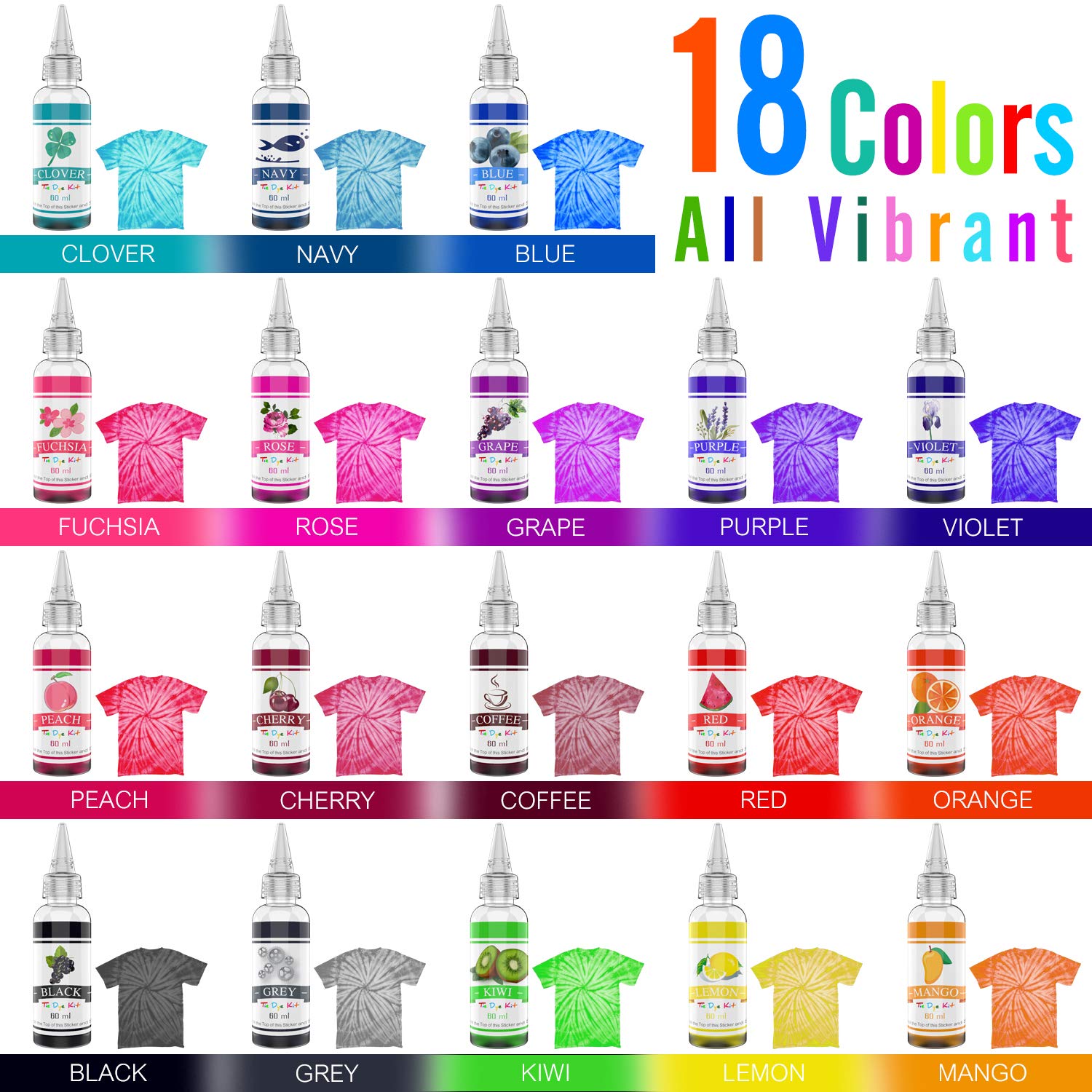 Tie Dye Kit 18 Colori - Tintura Tessuti Permanenti Tinture Cravatta per Bambini e Adulti Pittura di Vestiti DIY - Coloranti Stoffe Vivaci Tie-Dye per Shirts, Camicia, Hoodie, la Moda Fai-da-Te, Feste