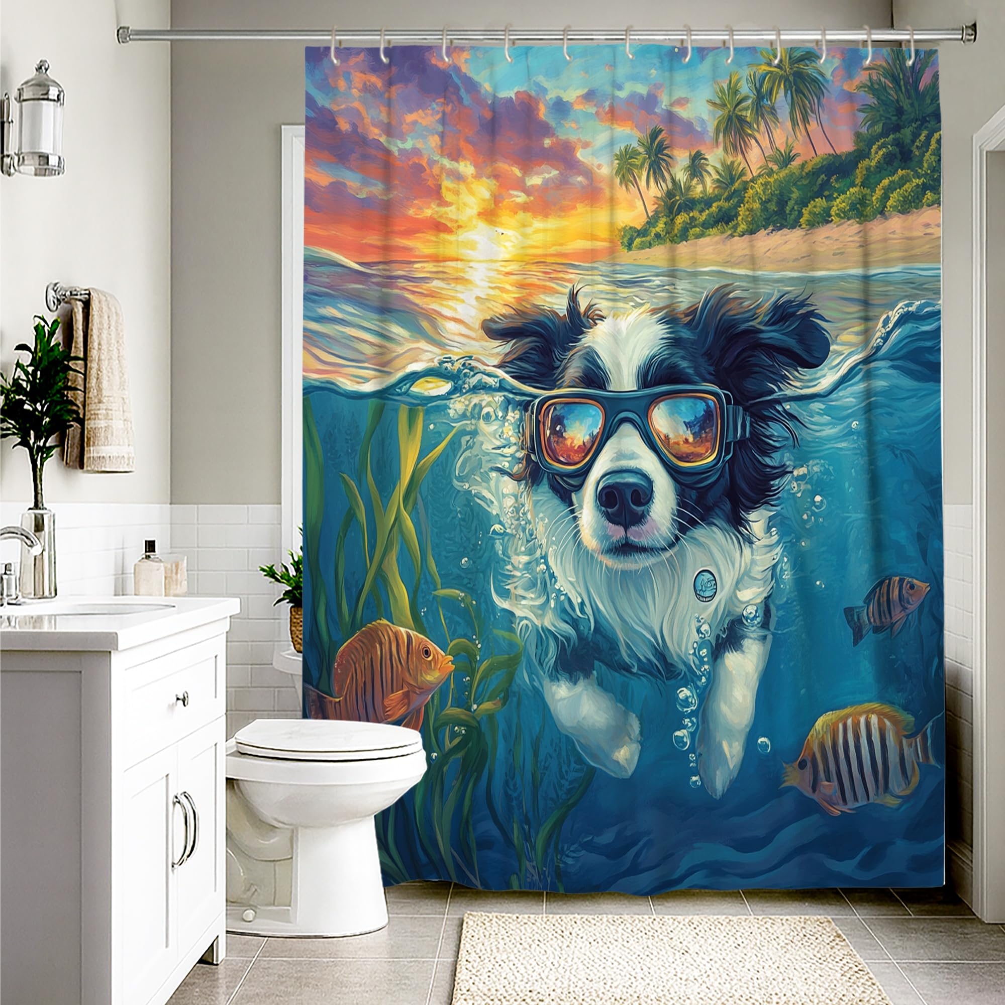 Border Collie Hunde-Duschvorhang-Set, lustiger Küstenstrand, Ozean, Haustier-Badezimmer-Dekoration, Bad-Polyestergewebe, dekorativ, 137 x 198 cm