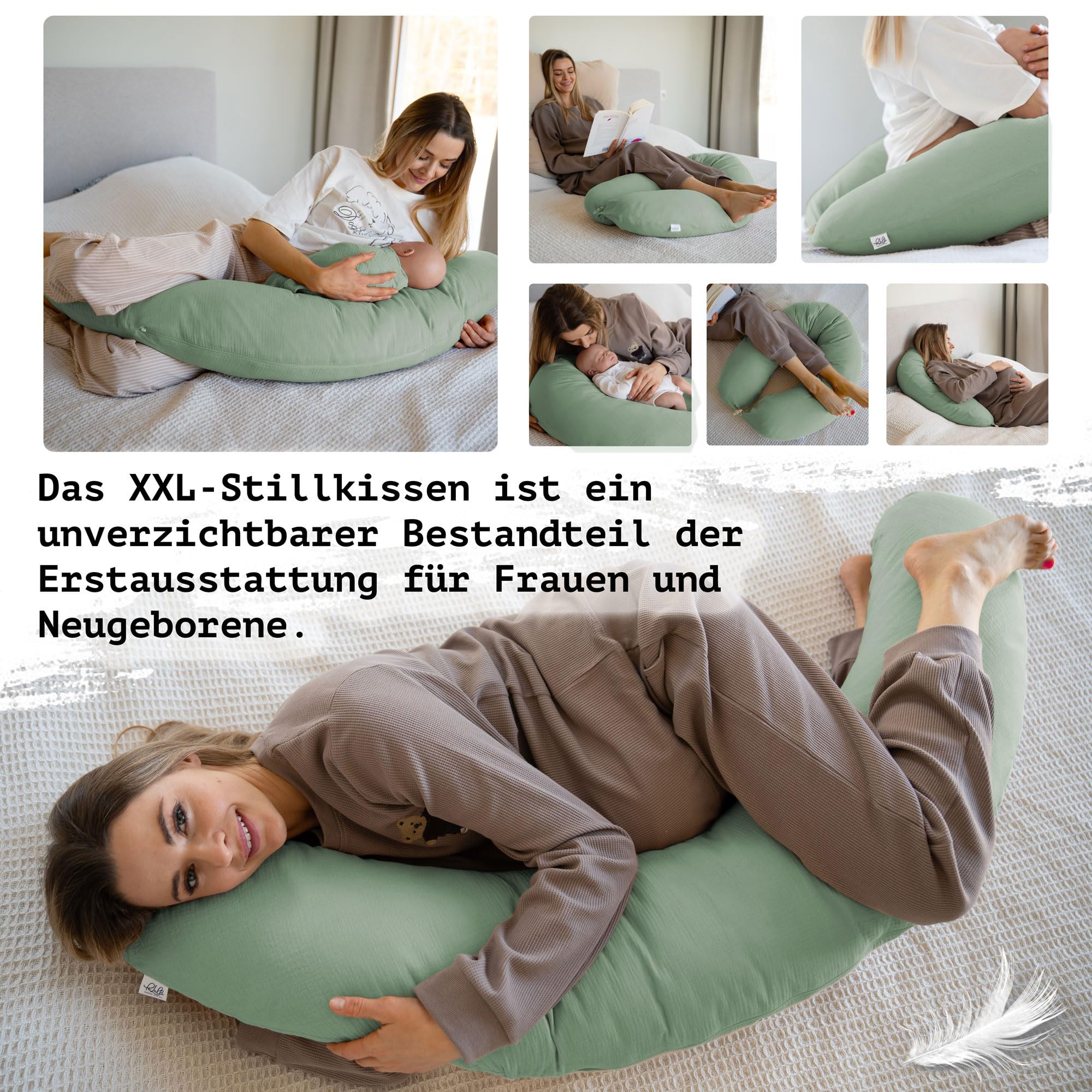 PaLulli® Cuscino ergonomico XXL per allattamento 190 x 30 cm con rivestimento in cotone mussola biologico, ideale per gravidanza e chi dorme sul fianco, comfort e sostegno per adulti e mamme (verde)