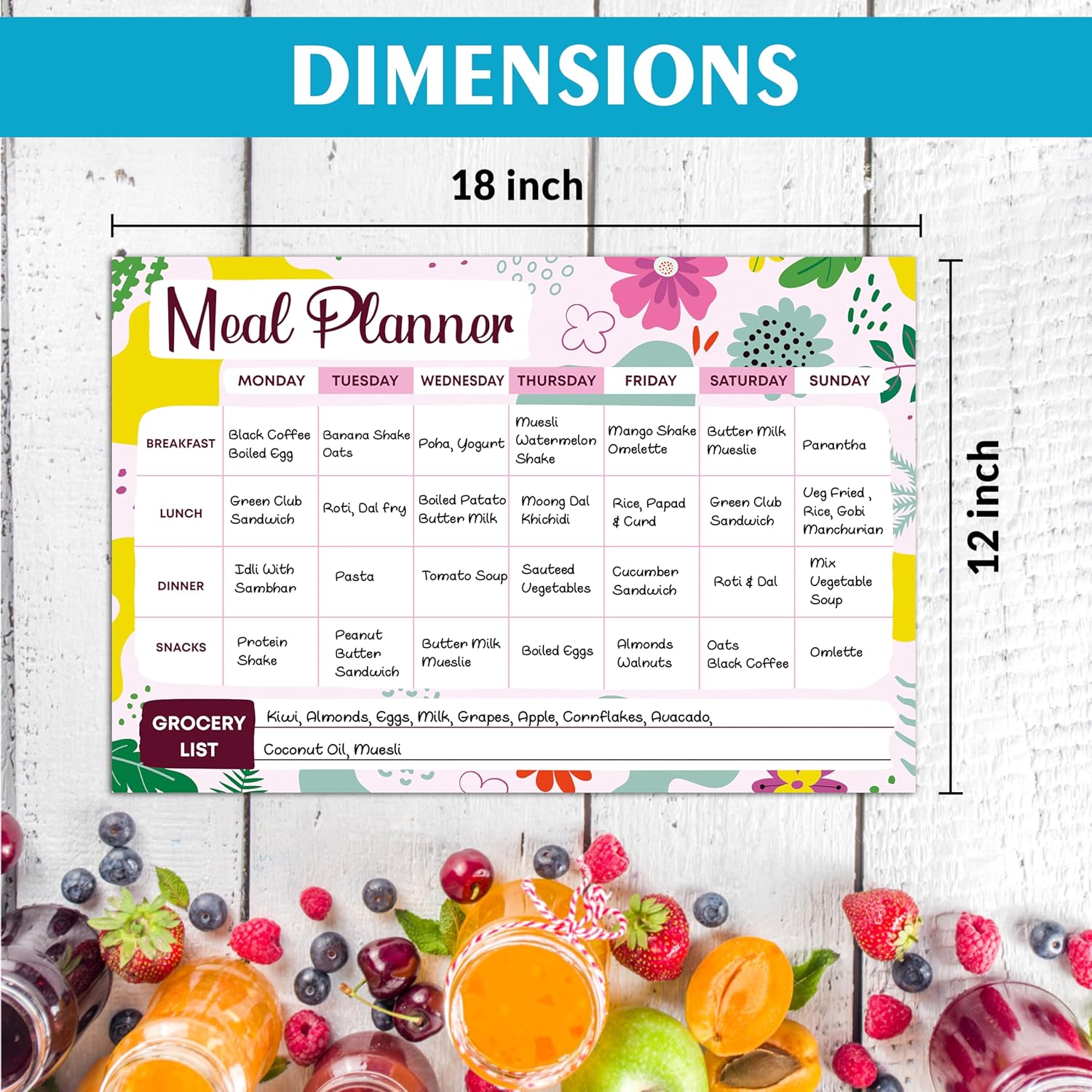 Rousrie Meal Planner Magnetic Fridge Weekly Schedule Smart Diet Planning With 2 Dry Erase Black Markers (Size - 45 cm by 30 cm) (Style 6)