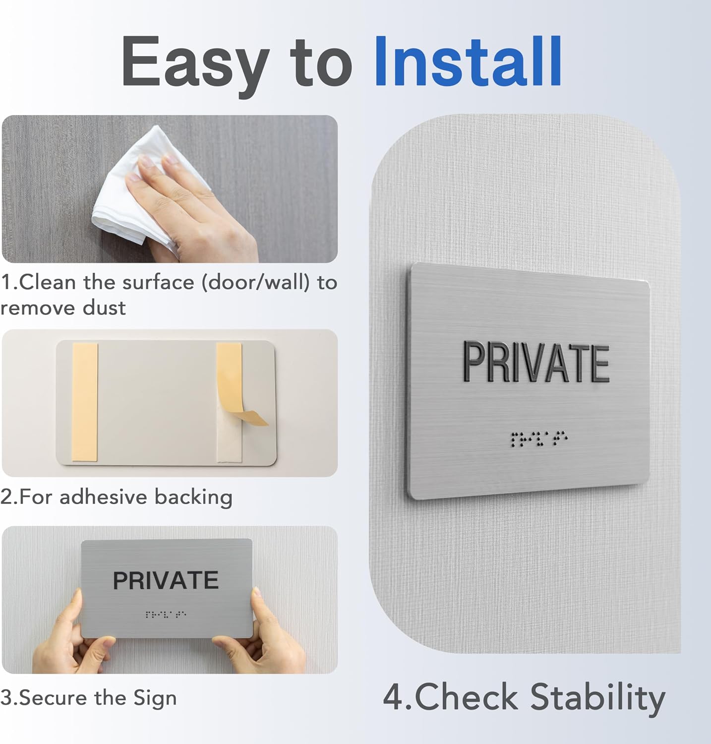 UTILITY ROOM Signs with Raised Text & Grade 2 Braille, Brushed Aluminum/Silver Finish Easy Install with Double-Sided Tape, ADA Compliant Conference Room Office Door Sign image 4