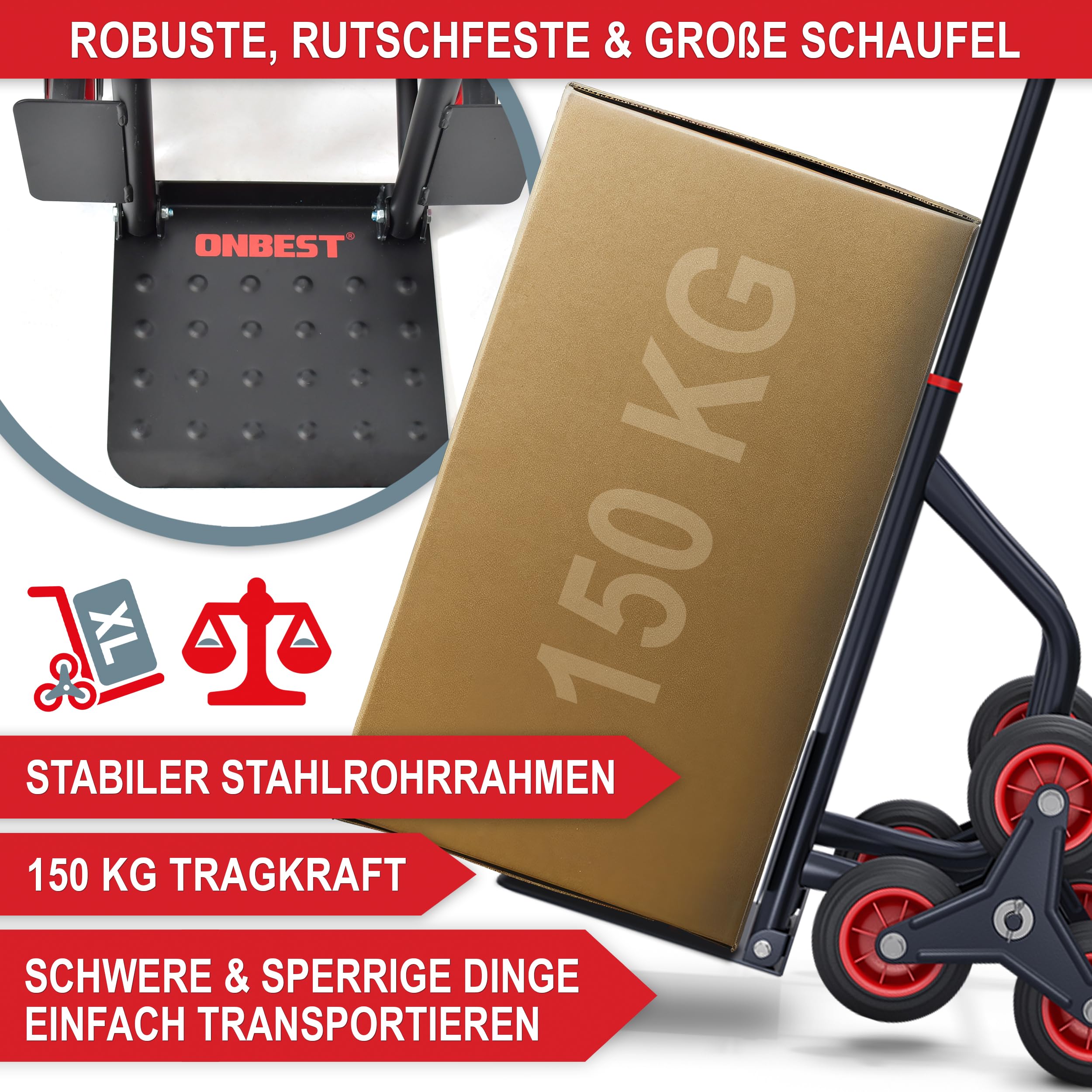 ONBEST Treppensackkarre klappbar 150 kg 3-Fach Reifen | Sackkarre und Treppensteiger mit Stahlrahmen, XL-Schaufel, Hartgummi-Reifen und Handgriffen