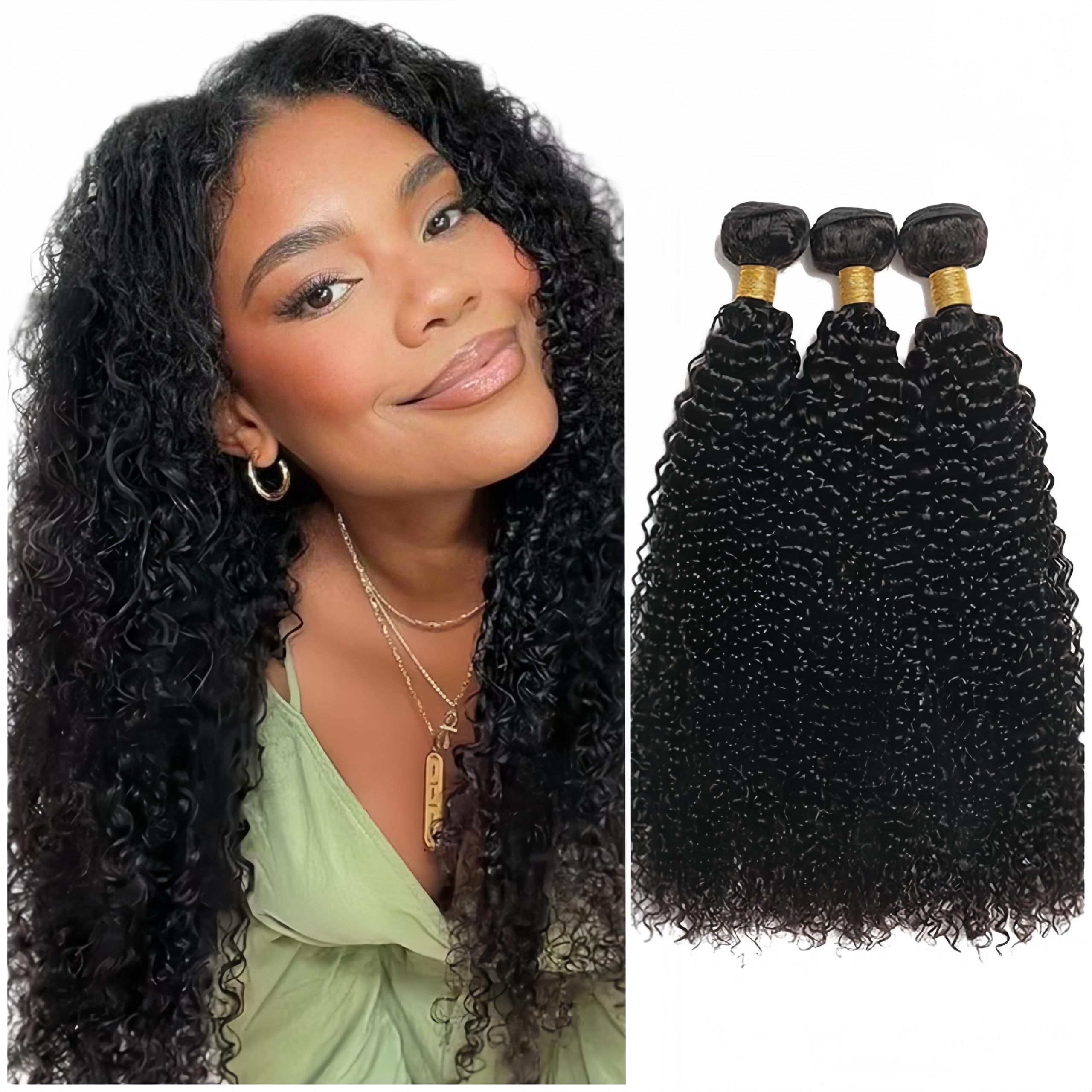 Kinky Curly Natural Human Hair Bundles 14 16 18 Cali Human Hair Bundle - 100% Nieprzetworzone Brazilian Virgin Hair Wefts - 3 Wiązki 210g - Weave Extensions Naturalny Czarny