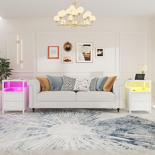 Miniatura 10 de Mesita de noche con estación de carga, mesa auxiliar de tela y madera 2 en 1, lado para espacios pequeños, mesitas de noche grises, puertos USB y