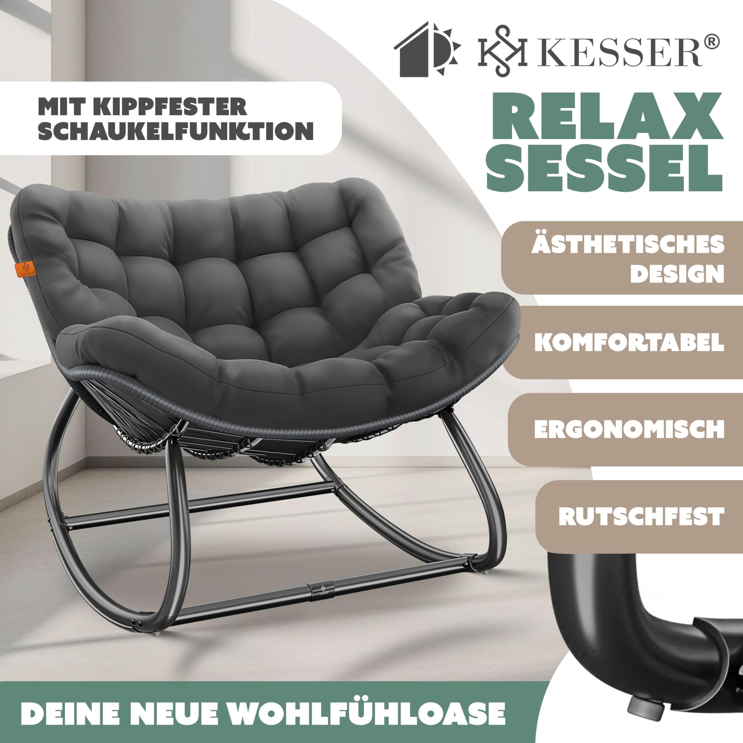 KESSER® Schaukelstuhl XXL Outdoor, ergonomischer Schaukelsessel mit Sitzpolster für In- & Outdoor, Relaxsessel Garten, Balkon Sessel, wetterfester Gartenstuhl bequem, rutschfest, bis 150kg, Anthrazit