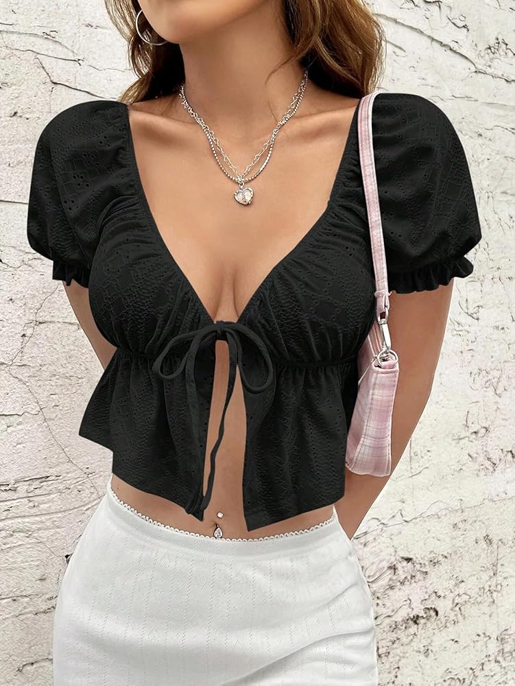 Amazon.com: GCZREN Women Y2K Puff Short Sleeve Tie Front Peplum