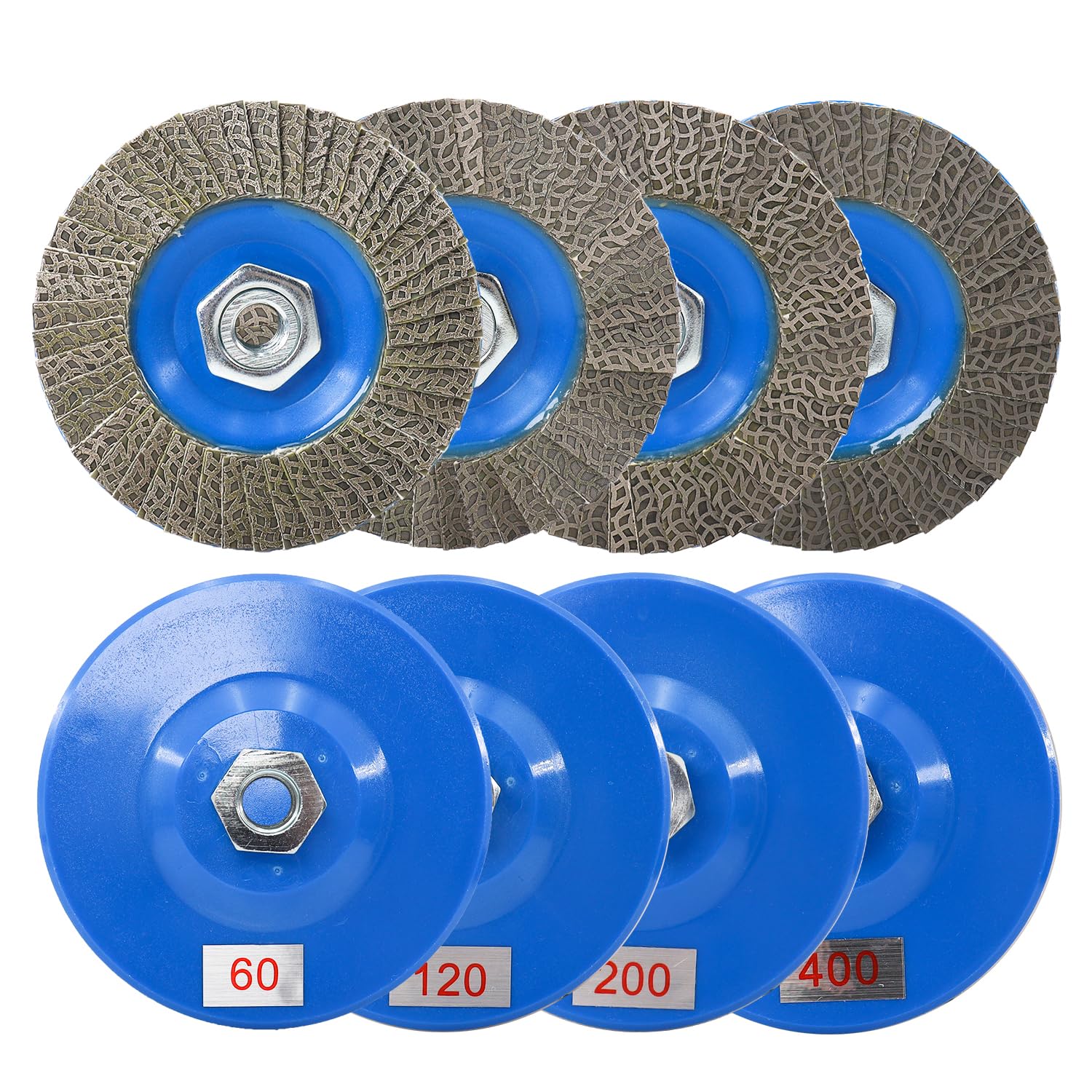 Disco de lijado de solapa de 4.5 pulgadas, grano 60/120/200/400 con rueda abrasiva 5-8/11, rueda de solapa para vidrio, piedra, granito, hormigón