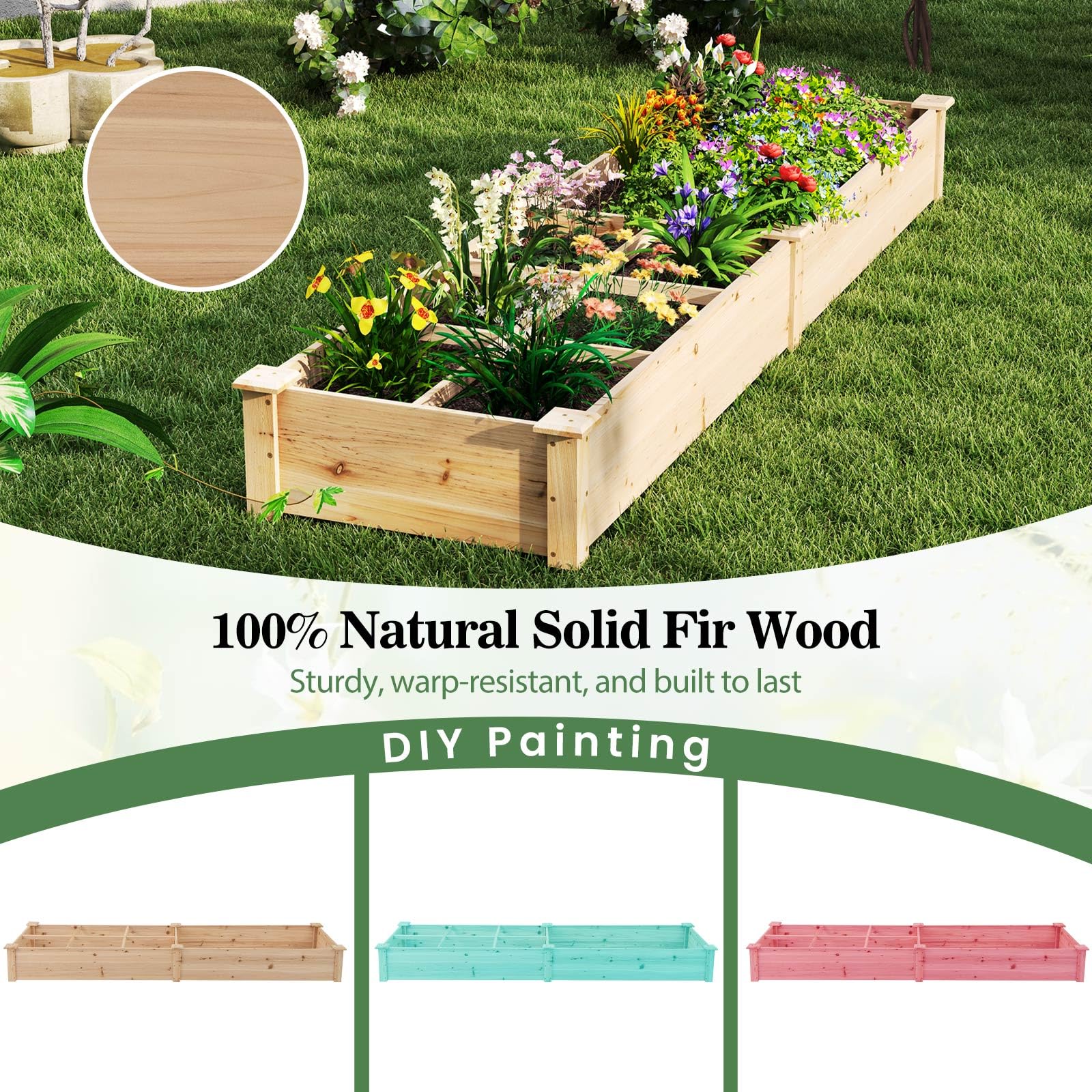 FANTASK Hochbeet Tannenholz, 228 x 62 x 25 cm, Blumenkasten mit 2 Pflanzkästen & Trennwänden, Gartenbeet für Gemüse, Blumen & Kräuter, Pflanzbeet für Garten, Terrasse, Balkon (Natur)