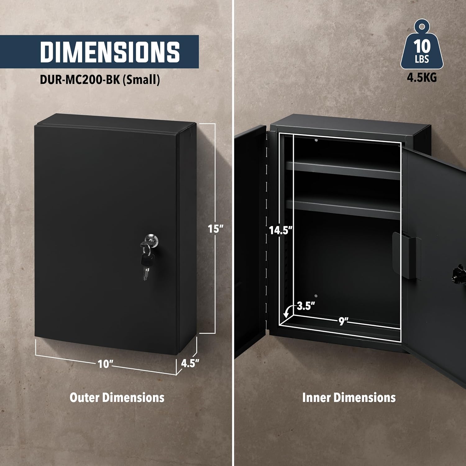 2-Door Narcotics Cabinet - Double Door & Dual Key Lock Steel Cabinet for Safe Storage of Medicine, Prescription Drugs, Medical Supplies and More, 10"W x 15"H x 4-1/2"D (Black, Small)