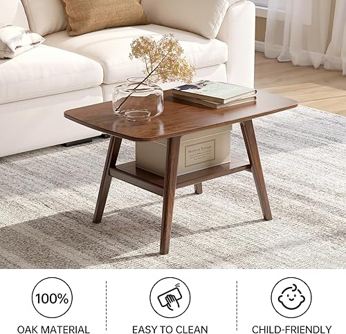 Miniatura 3 de Mesa de centro 100% de madera de roble maciza para sala de estar, mesa pequeña de 2 niveles con estante de almacenamiento, mesas de centro modernas