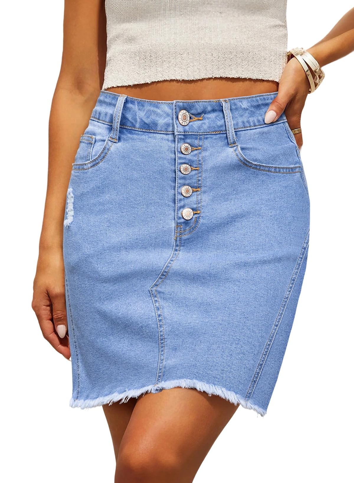 Sidefeel Womens Jean Skirt Stretchy Ripped Frayed Button Fly Summer Denim Skirt