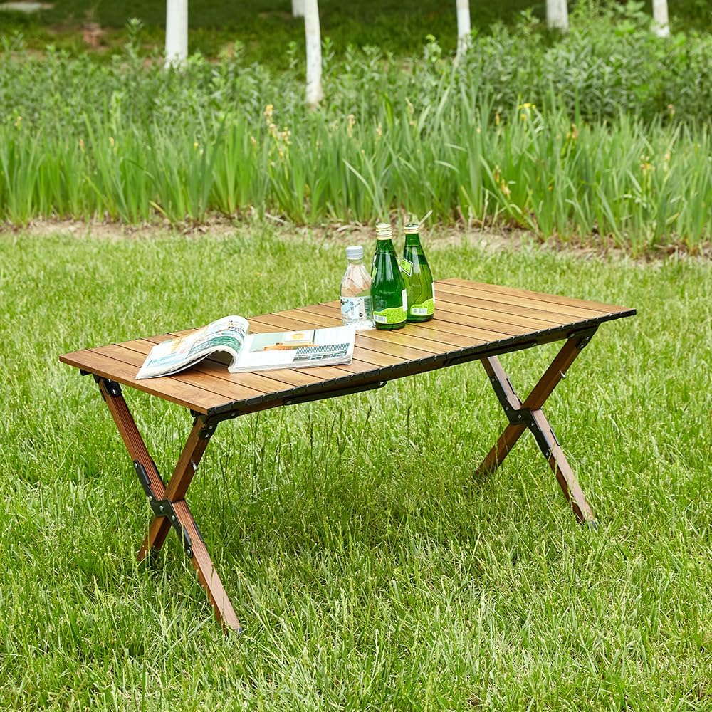 1-Piece Folding Outdoor Table,Lightweight Aluminum Roll-up Rectangular Table for Indoor, Outdoor Camping, Picnics,Beach,Backyard, BBQ, Party, Patio, Brown