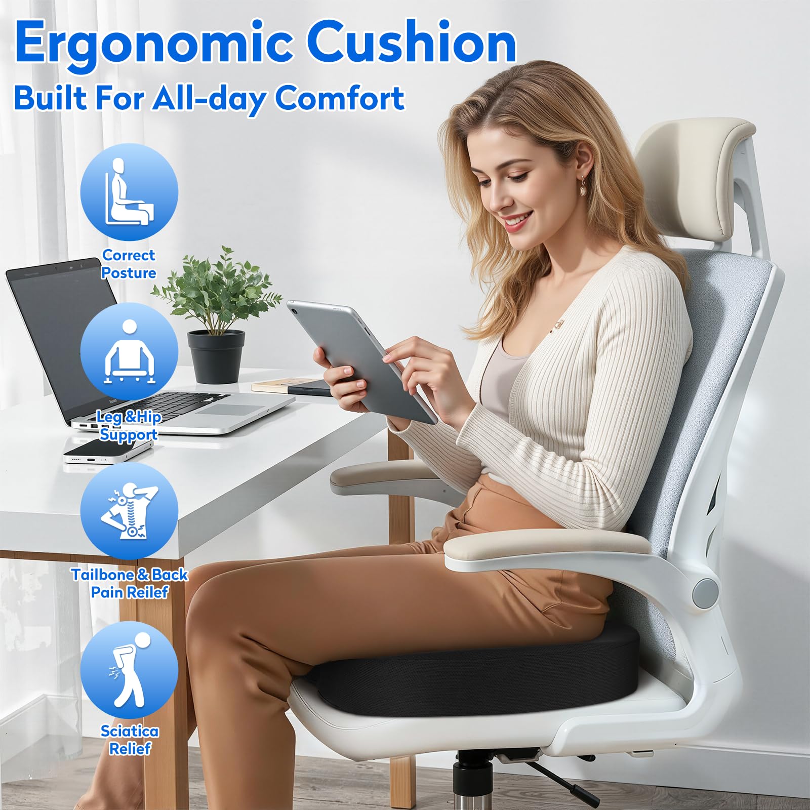 Seat Cushion Memory Foam Cushion for Office Chair Car Seat Airplane Chair Pad for Postpartum Pregnancy Sciatica Tailbone — view 7