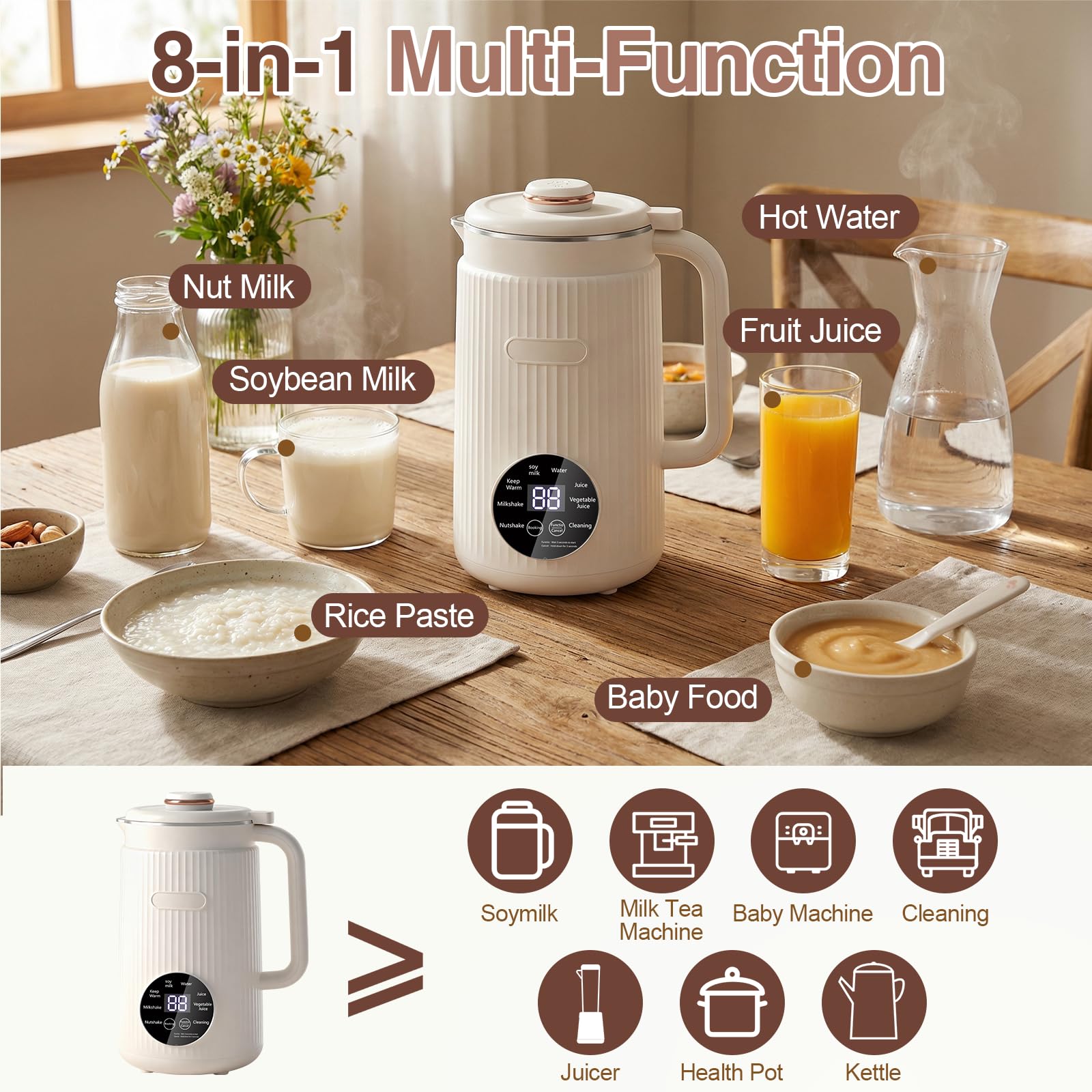 Macchina per latte di soia automatica 8 in 1, 1200 ml, macchina per il latte a base vegetale con avvio ritardato, mantiene caldo e autopulente per latte d'avena, latte di mandorle, zuppe, porridge e