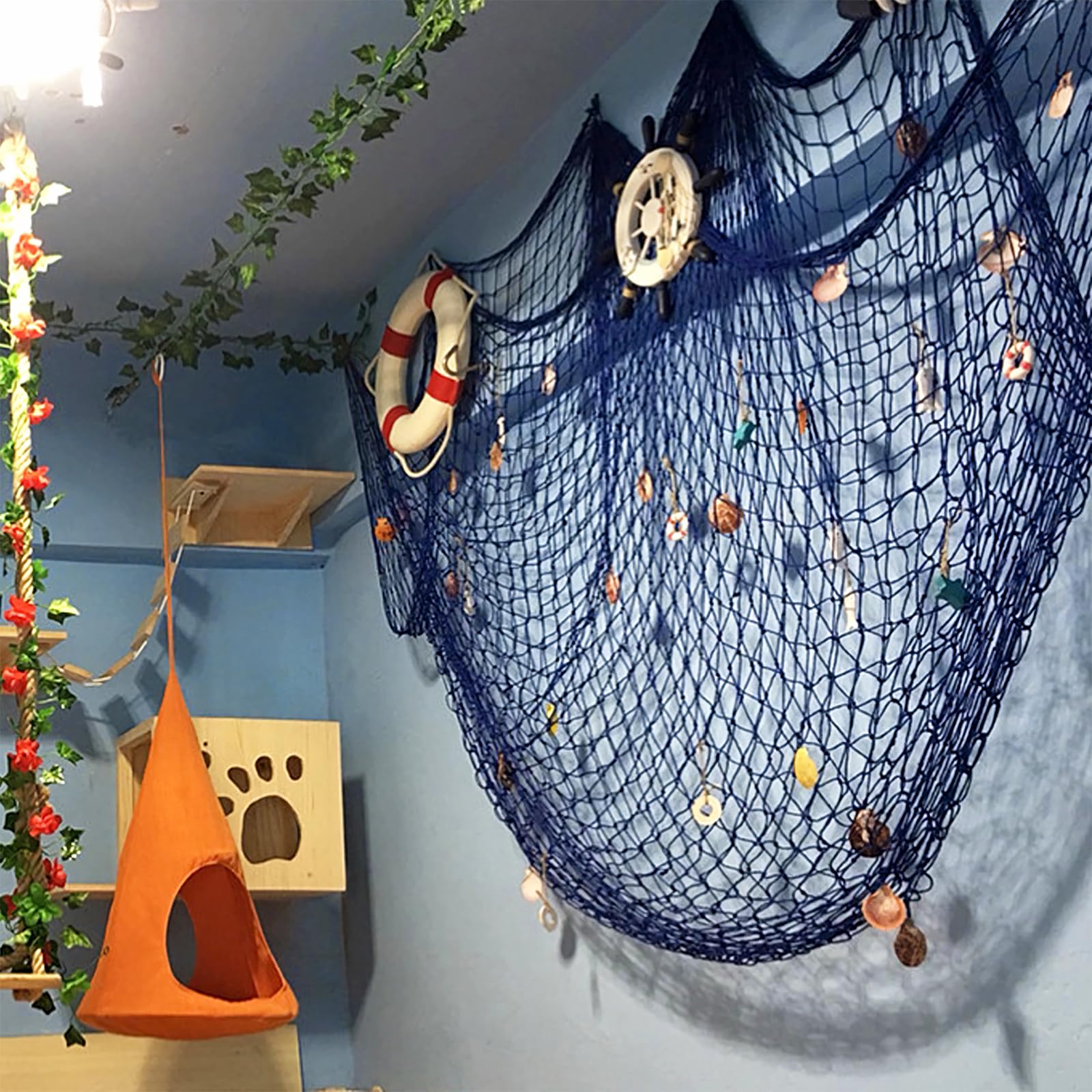 Red de Pesca con Conchas 2M*1.5M Decoración Pared Azul Fiestas Náuticas