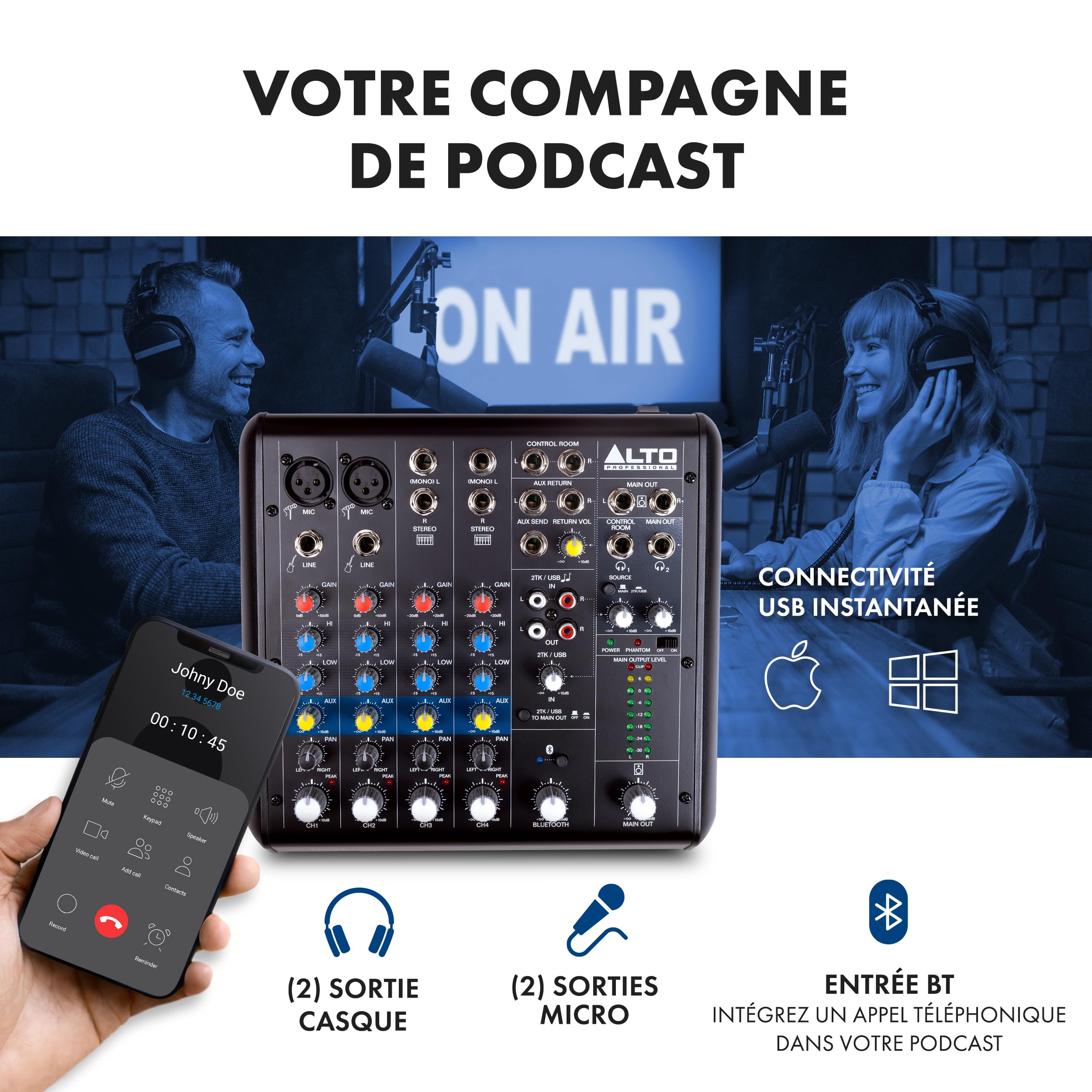 ALTO TrueMix 600 Mixeur Audio avec 2 Entrées Micro XLR, Interface Audio USB et Bluetooth Pour les Podcasts, Concerts, Enregistrements, DJ, Mac et Windows