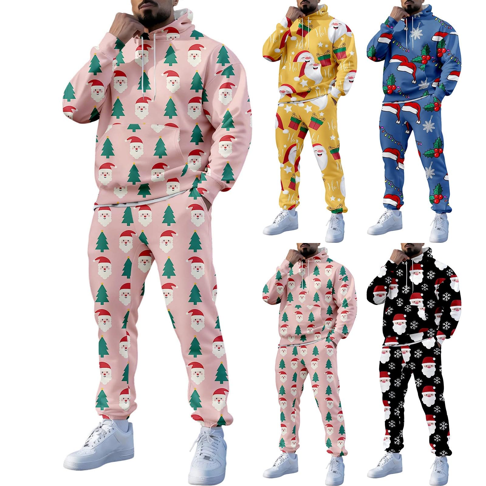2 szt. Świąteczny zabawny dres męski Święty Mikołaj kombinezon oversize z długim rękawem z kapturem i spodnie dresowe zestaw do biegania wakacje sport siłownia ubrania kostiumy z kieszeniami, różowy