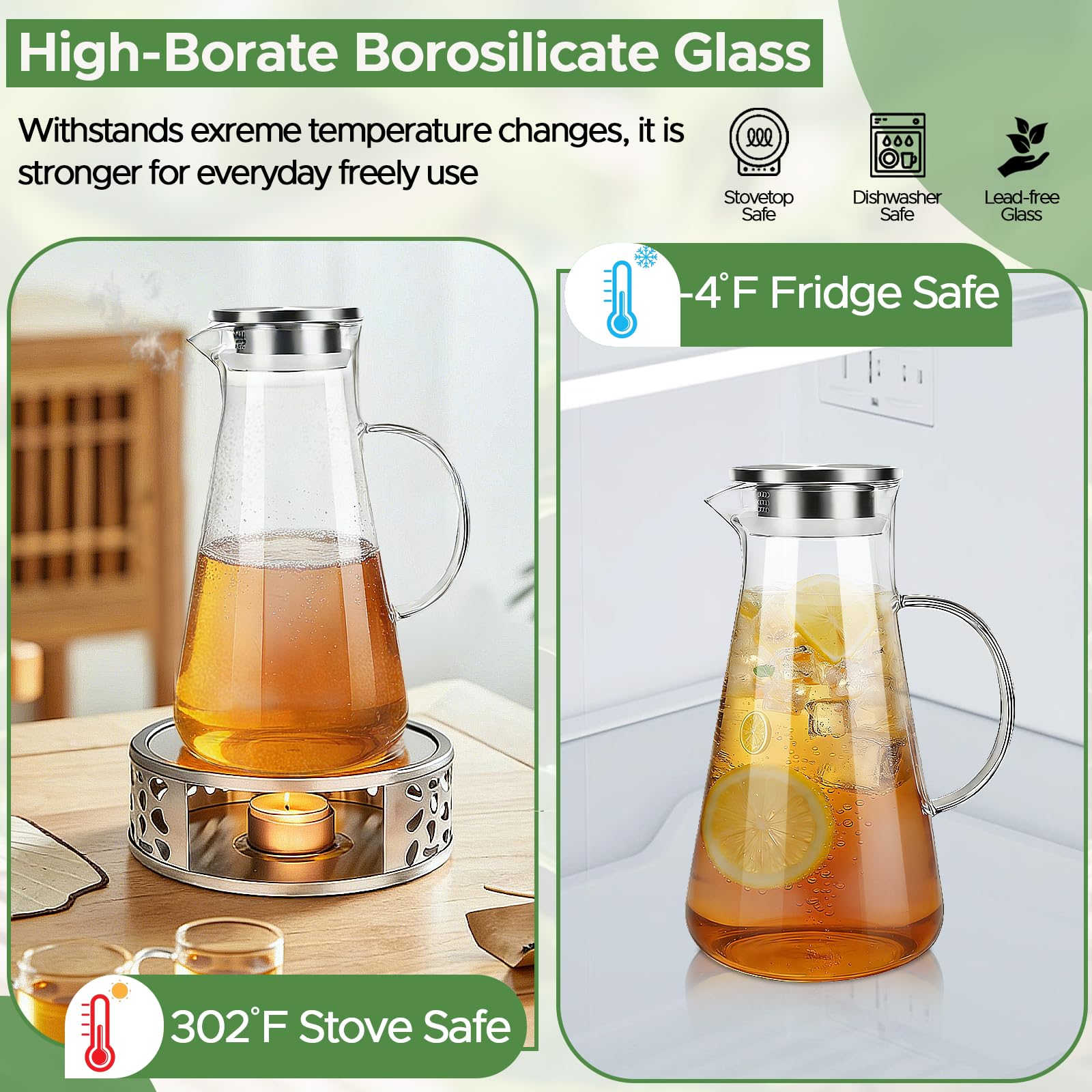 Pichet en Verre 2.2 L avec Couvercle, Carafe Eau Résistante à la Chaleur pour Thé Glacé, Jus et Lait