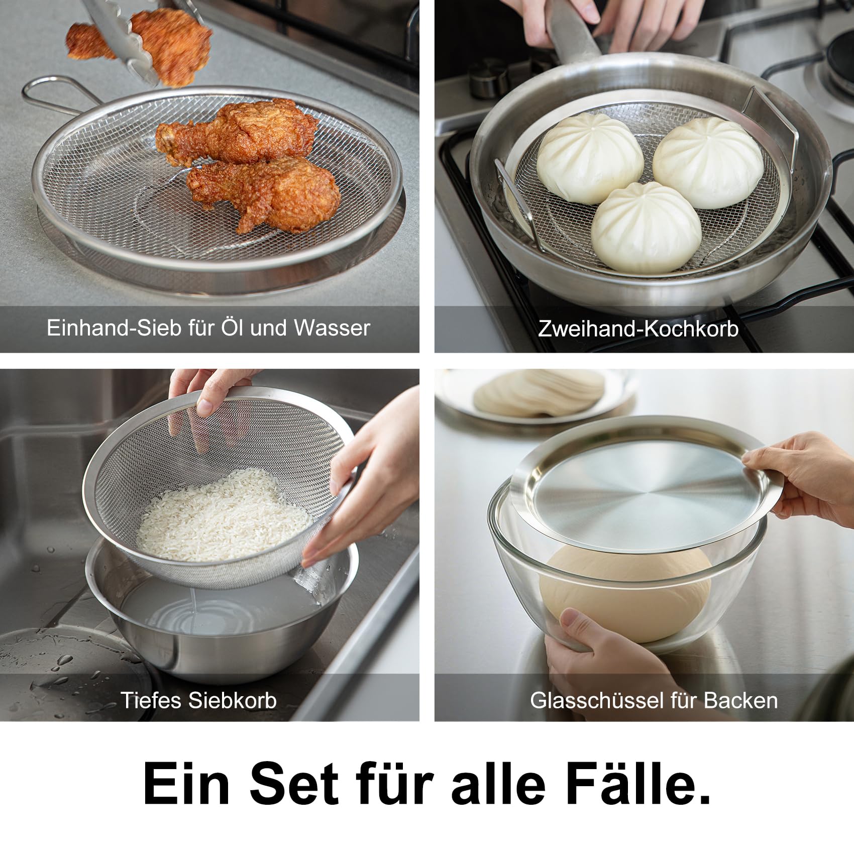 SHIMOYAMA Edelstahl Siebschüssel-Set, 6-teilig, stapelbare Rührschüssel mit Deckel, Kleiner Küchensieb-Set für Backen, Kneten und Snacks