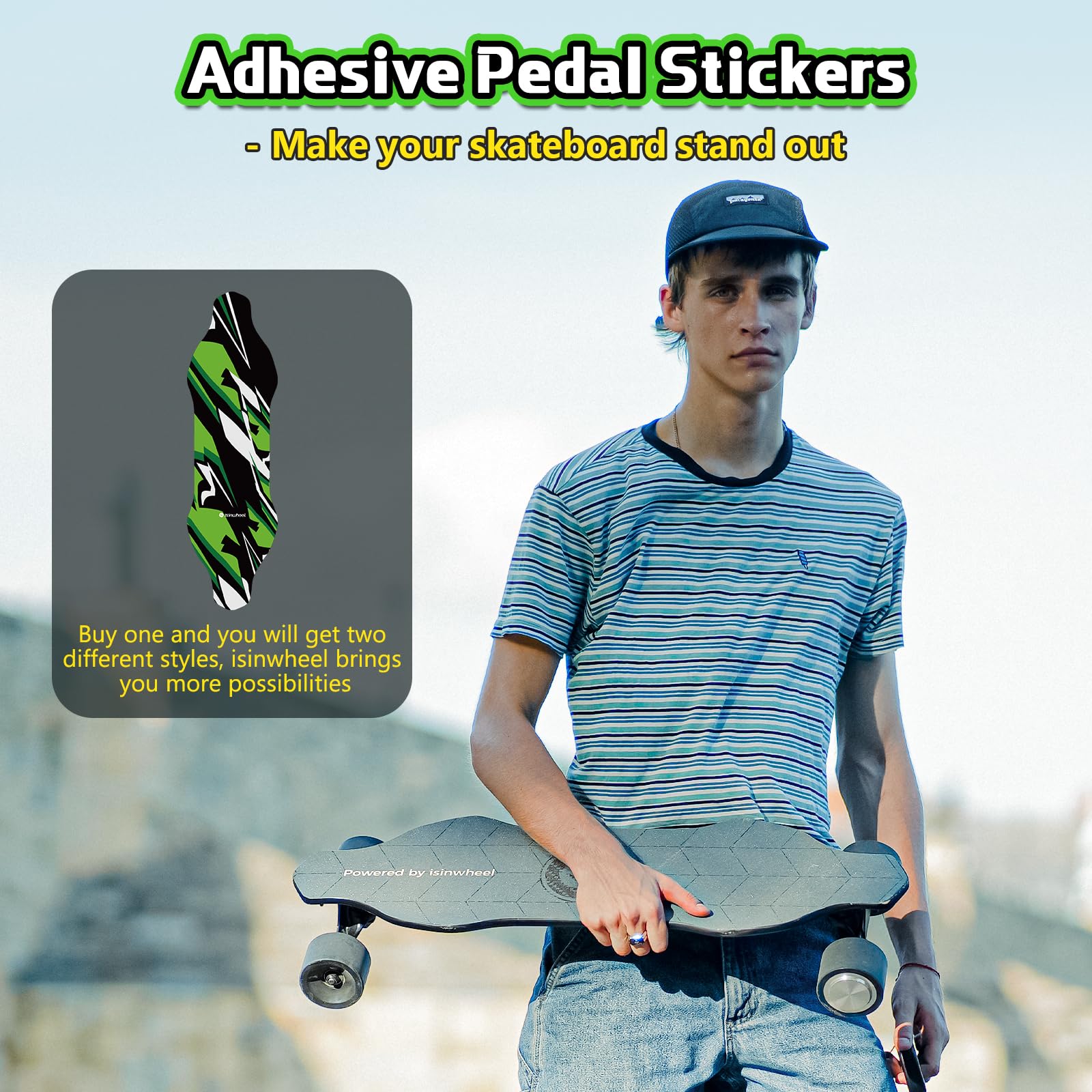 isinwheel V6 Electric Skateboard with Replaceable Pedal Sticker, 450W Peak Power, 10 Miles Max Range, 12 MPH Top Speed, 264Lbs Max Load, Wireless Remote Control (Jungle Trek)