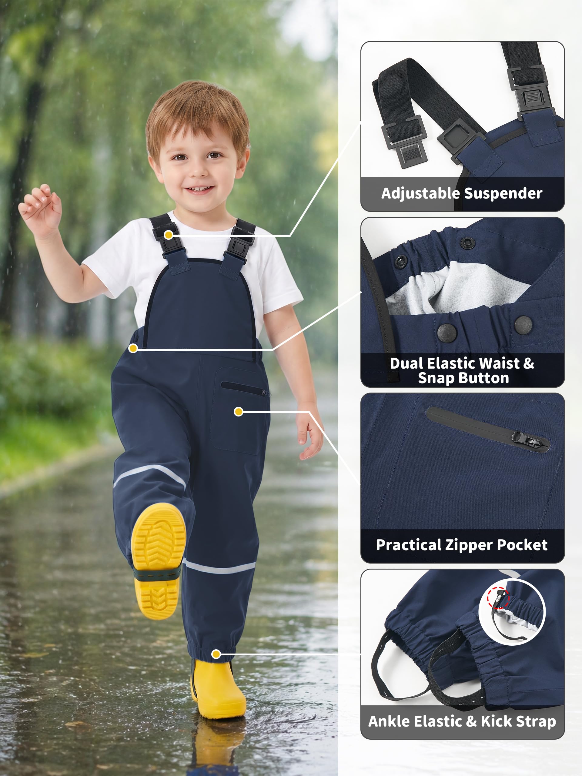 Volunboy Pantalon de Pluie à Bretelles Garçons 1-5 Ans - Imperméable Coupe-Vent Léger, Anti-Boue Séchage Rapide