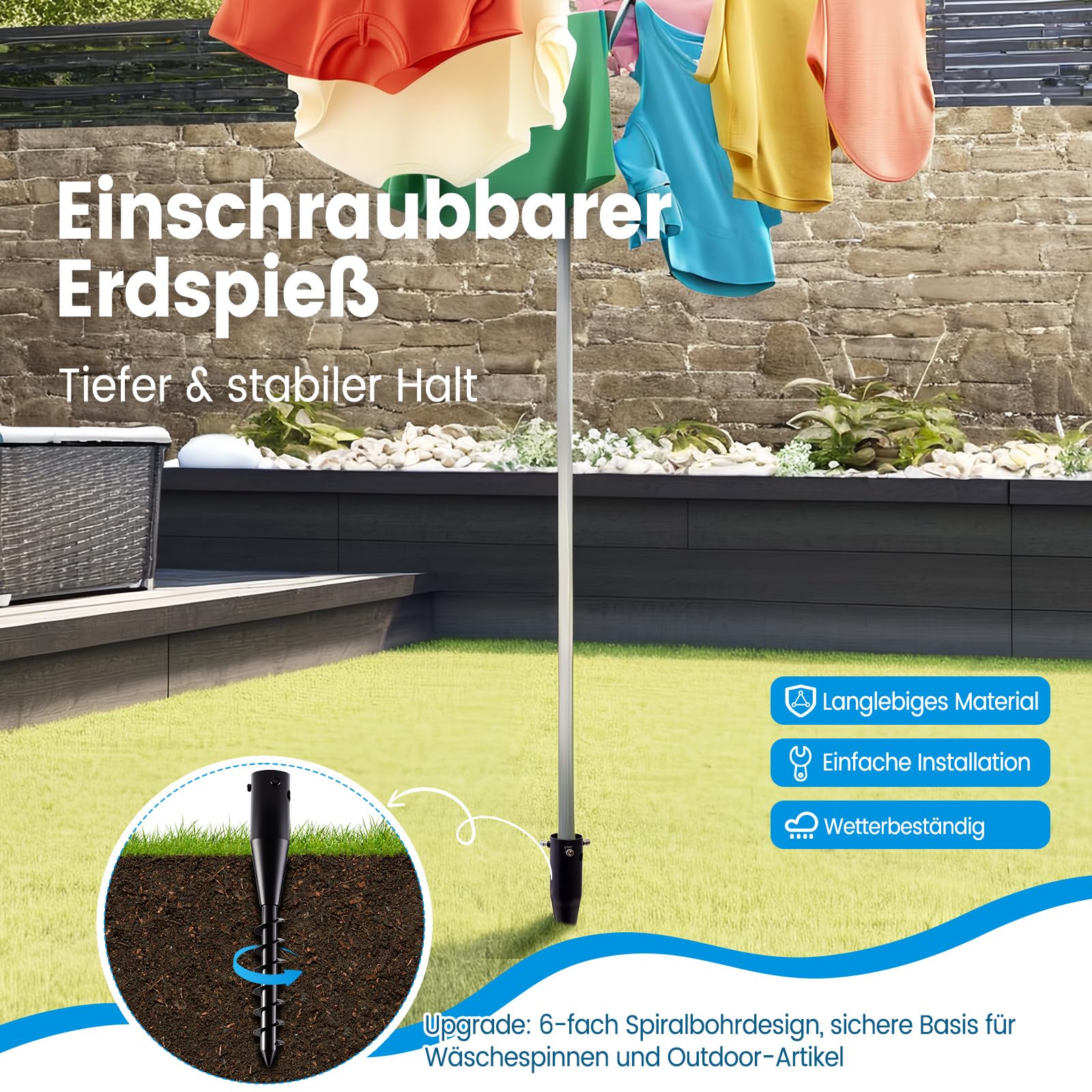 Heavy Duty Erdspieß Hochbelastbarer Sonnenschirmständer & Erdspieß für Wäschespinnen, 6-Fach Spiral Bodenanker für Strandschirme, Angelschirm und Garten, Verstellbaren Knöpfen (2,5–5 cm)