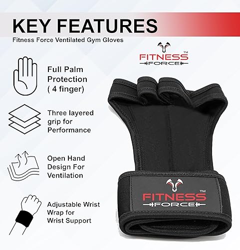 Miniatura 4 de FITNESS FORCE Guantes de levantamiento de pesas ventilados para hombres y mujeres con muñequeras integradas, guantes de gimnasio sin dedos para