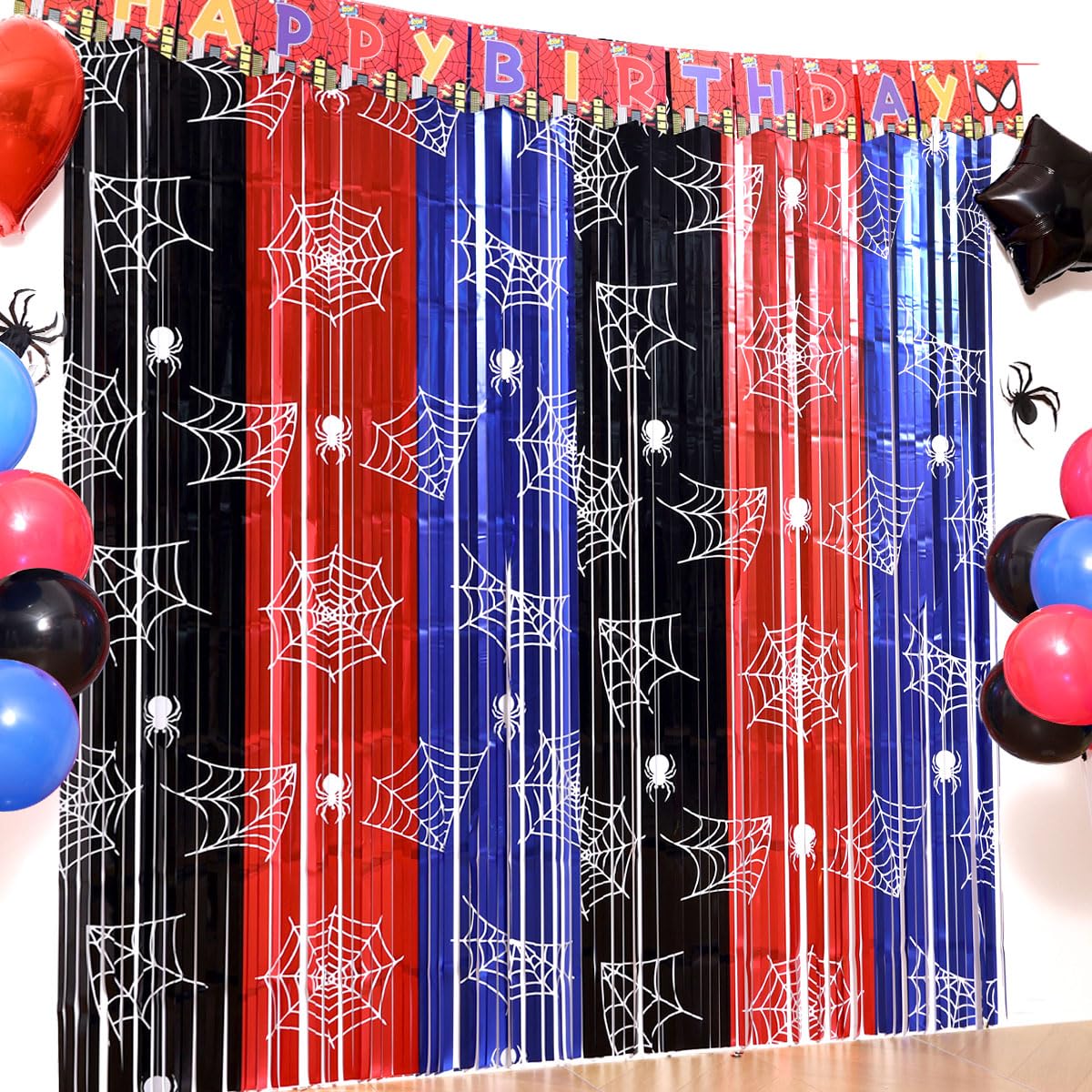 Spider Web Party Decor Kit with 15 Balloons - 2 Pack 3.3x6.6ft Gothic Tinsel Fringe Curtains Backdrop, Cobweb Photo Booth Props, Halloween Birthday